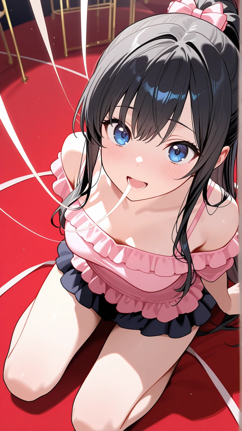 Sit on the sofa,looking ahead,from above,handjob,side view,face focus,open mouth,tongue out,cum on tongue,Licking a dildo,(1girl,Beautiful 14 year old girl),((Slender,Small breasts,Baby Face,Small face,)),looking at viewer,Black Hair,bangs,two side up,Gray Eyes,Drooping eyes,slit pupils,narrow eyes,collarbone,black t-shirt,off-shoulder look,midriff peek,Black and red checkered short skirt,Beautiful and detailed anime art,Mischievous smile,Dimly lit room,Simple Background,Gray background,Low lighting