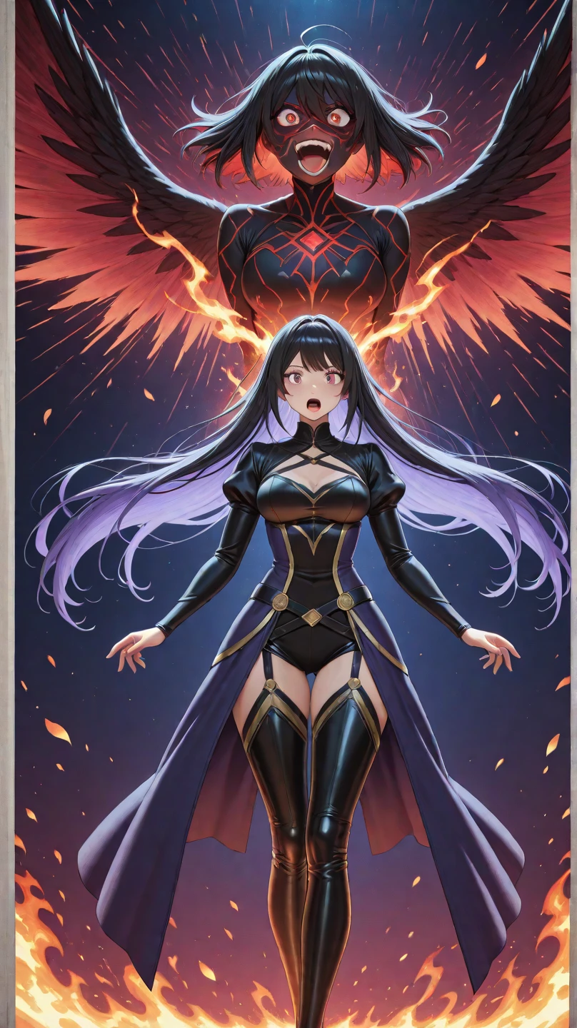anime girl with black hair and Orange eyes in a black outfit, demon anime girl, demon girl, nezha, mika kurai demon, beautiful succubus, , succubus, infernal nymph!!!, avatar image, demoness, anime monster girl, dark goddess with six arms, giesha demon, Orange pattern