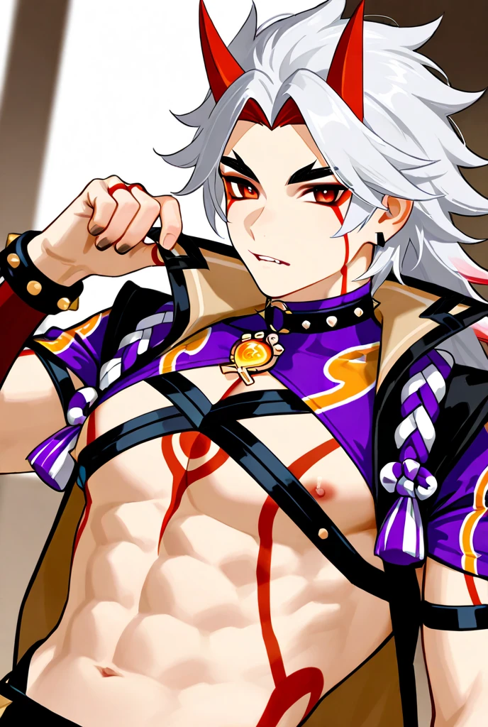 Arataki Itto from genshin impact, A handsome man with a big chest, big pecs, big bulge, big dick bulge, attractive male, sexy masculine, relaxing, handsome male, oppai, oppai proportions, cinematic lighting, high contrast, vivid colors, 8k, masterpiece