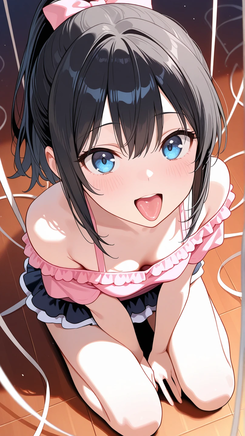 finger to mouth,from front,front view,looking at viewer, looking ahead,from above,cowboy shot,1girl,Beautiful 14 year old girl,Japanese,Slender,,low length,Small breasts,Thin legs,Small Ass,Baby Face,Small face,Black Hair,Short Twin Tails,Gray Eyes,slit pupils,Drooping eyes,middle School girls,Sheer black and pink negligee,lingerie,Collar with leash,open mouth,tongue out,front face,Kneeling,Straight Stand,Beautiful and detailed anime art,Mischievous smile,Sexy vibe,cum on tongue,Dimly lit room,On the bed,Simple Background,Gray background,Low lighting,