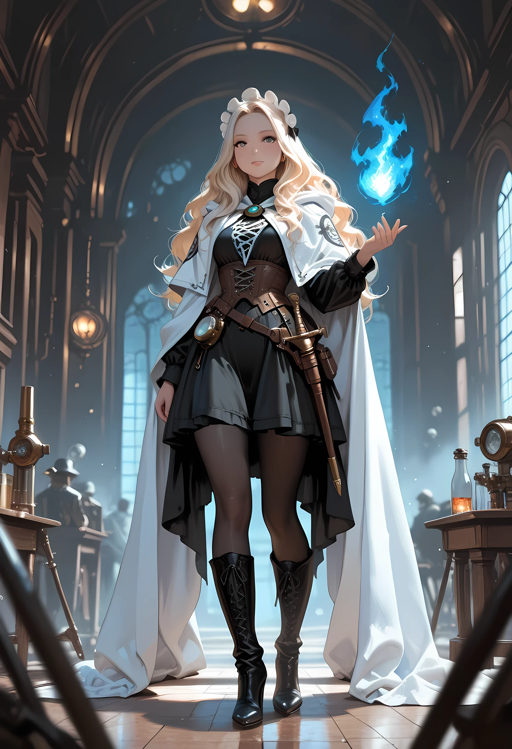 a ((black and white 1940s snapshot picture)) of a mecha woman wizard, standing proudly, manipulating magical blue fire, ((only the fire is blue)) extremely beautiful woman (best Detailed, Masterpiece, Hyperrealistic) blond hair, rich hair, wavy hair, dynamic eyes color, wearing black and white dress, wearing (white cloak), wearing (pantyhose), wearing high heeled boots, laces boots, make up, steampunk laboratory background fantasy art, steampunk art, RPG art, photograph, RAW, Best Detailed,, ultra best realistic, best details, best quality, 16k, [ultra detailed], masterpiece, best quality, (extremely detailed), ultra wide shot, photorealism, depth of field, hyper realistic painting photorealistic, RAW, fantasy art, realistic art,((best quality)), ((masterpiece)), (detailed), perfect face, fantasy, hkmagic