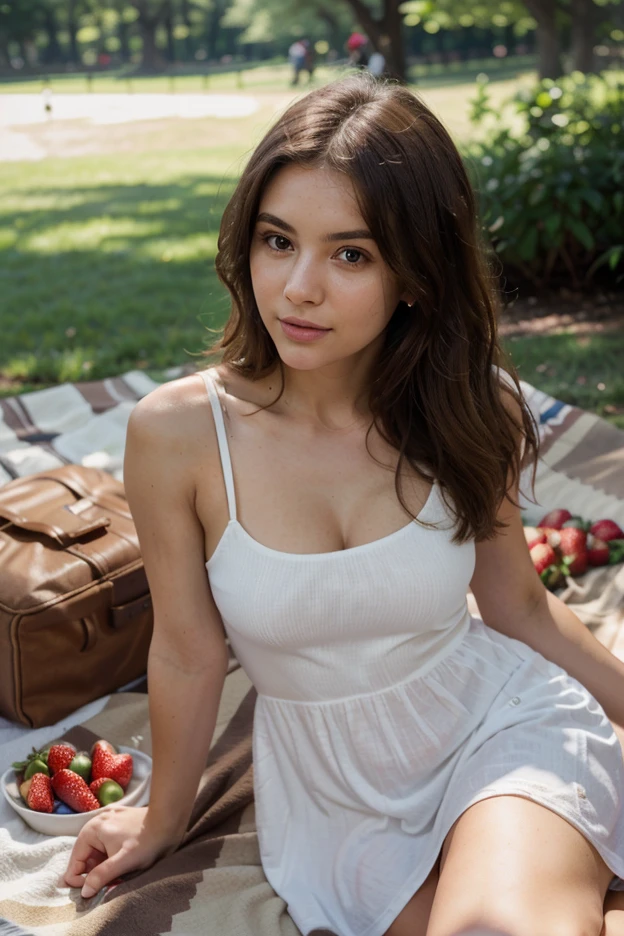 “A photorealistic portrait of a 21 year old Brazilian girl with long, flowing brown hair, slightly full lips, lightly defined cheeks, striking light brown eyes and long eyelashes, and a slightly but not overly tanned Latino complexion. She must have beautiful and fine facial features. It should have a natural and accessible expression and be lit by the soft golden light of the sun. The background should be a picturesque outdoor setting, perhaps a sunny park or beach. Capture this image with high-resolution photography using an 85mm lens for a flattering,
Posture: Sitting on a picnic blanket in a lush, green park, she is leaning back on her hands with her legs stretched out in front of her, looking towards the camera with a relaxed and inviting smile.
Outfit: A white summer dress with floral patterns, fitting snugly to her body, emphasizing her curves without being too revealing.
Background: The park is filled with blooming flowers and tall trees, with a few people in the distance enjoying the sunny day.”