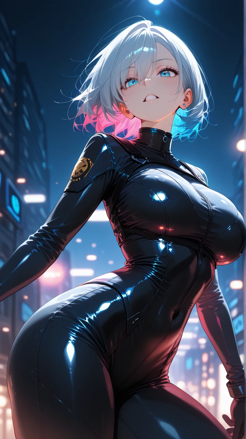 ((30 yo woman)),A super detailed and high quality illustration of a Spider-Girl with long sleeves, huge breasts, and short white hair, highly detailed facial features, beautiful eyes, elegant pose, dynamic action, neon cyberpunk city background, glowing web effects, cinematic lighting, vibrant colors, digital art, concept art style