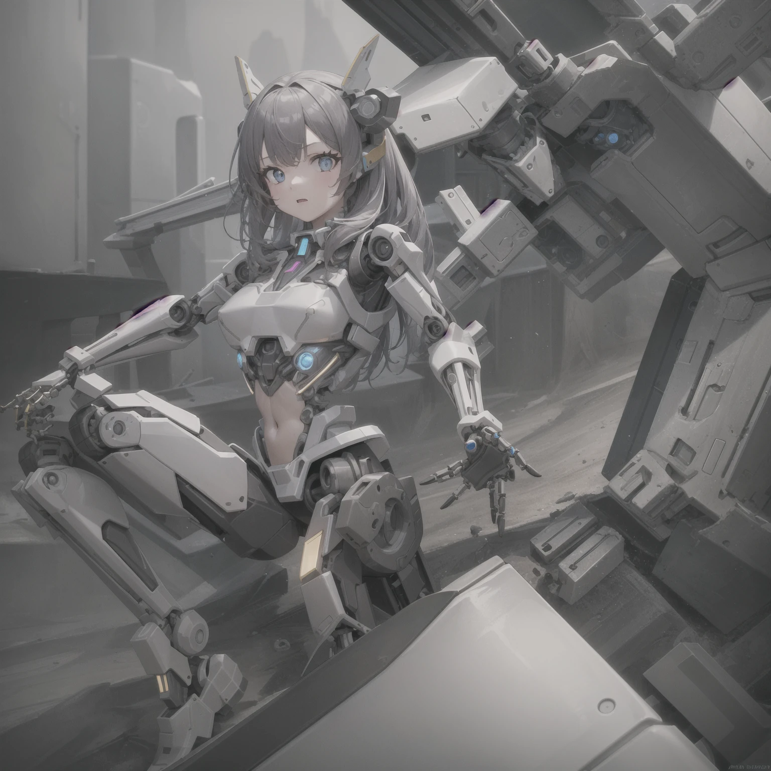 masterpiece,best quality,xtremely detailed 8k cg wallpaper, mecha musume, mechanical parts, robot joints, headgear, <lora:AMechaSSS[color_theme,mecha musume, mechanical parts,robot joints,headgear]:0.8>, 1girl,solo,large breasts, grey theme, mecha musume, mechanical parts,robot joints, blush,standing,cowboy shot, cat ears,sakamata,