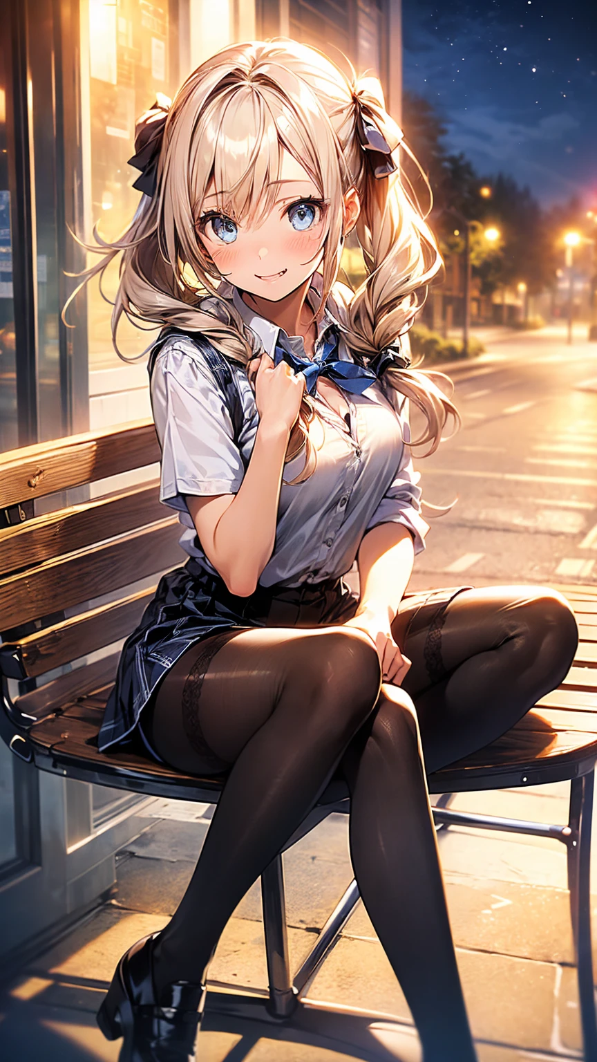 (masterpiece:1.3, highest quality, 超High resolution, super detailed), (realistic:1.1, photorealistic:1.4), beautiful illustrations, perfect lighting, colorful, Depth of the bounds written, 
beautiful fine hair, beautiful and detailed face, detailed and beautiful eyes, beautiful clavicle, beautiful body, beautiful breasts, beautiful thighs, beautiful feet, beautiful fingers, 
looking at the viewer, 1 girl, Japanese, high school girl, perfect face, (perfect anatomy, anatomically correct), Cute symmetrical face, baby face, sunburn, shiny skin, 
(middle hair:1.5, twin tails:1.2, blonde hair), 非対称のbangs, blue eyes, long eyelash, (medium breasts), thin, 
((collared short sleeve shirt, light blue shirt, , Grey plaid pleated skirt, navy them)), light blue panties, 
(beautiful scenery), evening, (outdoor, distant cityscape), Are standing, (peace sign), (cute smile, upper eye, open your mouth), see the whole body、front, frontやや下からの構図, (whole body from head to toe),(((sena airi))), ((one side up , reddish brown hair)), ((blue eyes, beautiful eyelashes, realistic目)), ((detailed face, blush:1.2)), ((smooth texture:0.75, lively质感:0.65, lively:1.1, Anime CG style)), medium breasts, perfect body, attractive way to sit, (((show panty:1.3)))、M spread legs:1.8,(((show panties:1.3)))、((((M字spread your legs:1.4)))) 、first class, masterpiece, High resolution, (Full body diagram from head to toe), (whole body from head to toe), (small breasts), Unkempt brown hair, bangs, ((black tights)),( (black pantyhose)),(luxury lingerie), (spread your legs立つ), (((one leg standing pose))), (((Composition showing panties))), ((her legs spread、I can see your panties.)), (I was made to stand on one leg with my legs apart...), ((((spread your legs)))), thin脚, A very beautiful and tall 18 year old girl, (not wearing shoes), blush, shy big eyes, looking at camera,((skirt lift)),please stand facing me、((Vulgarity:1.2)), hand between legs,knee length socks、((crotch grab、standing split))、nswf