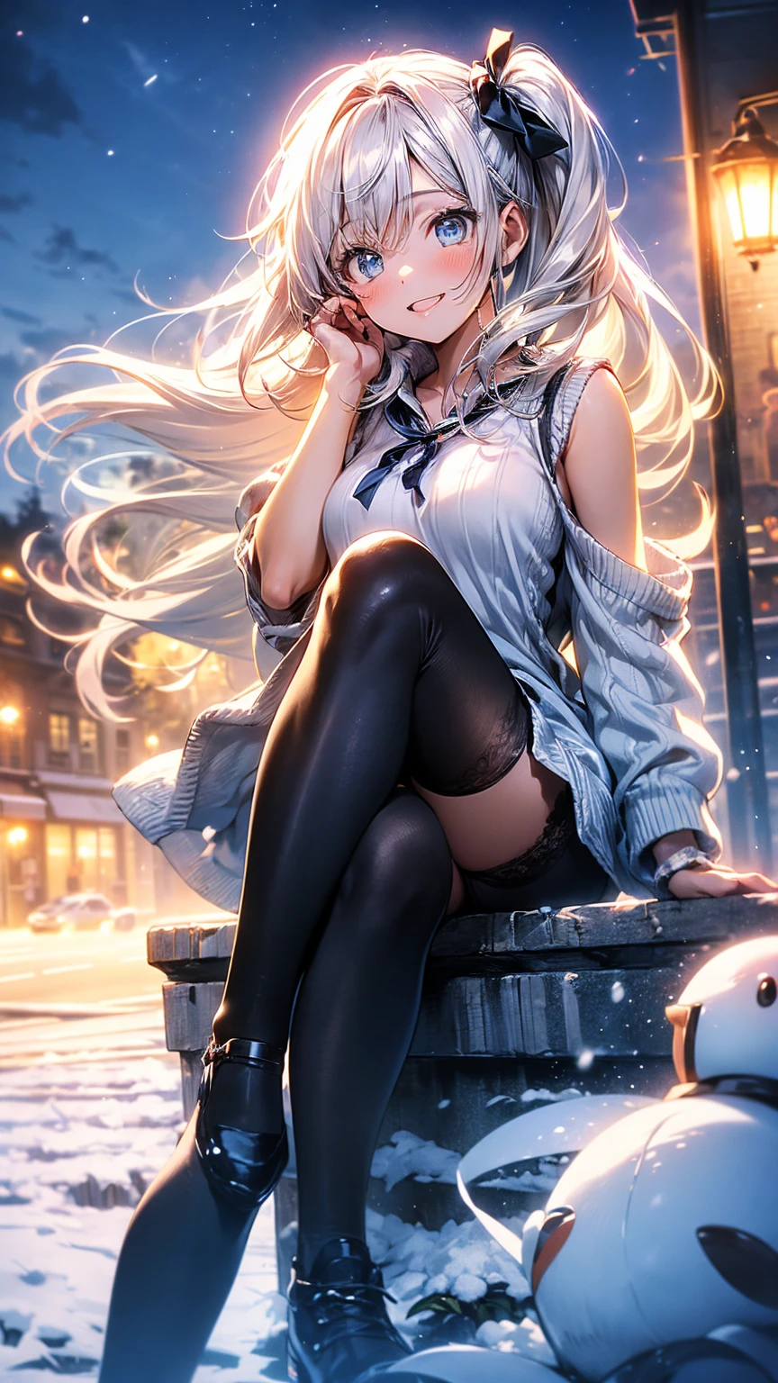 (highest quality, masterpiece, High resolution),One girl,alone,Milky white, blue gradient straight long hair,Hooded_Tracking_Large hoodie with ribbed knit hem and cuffs、Knee-high boots,alone focus,Simple Background, yellow strokes,