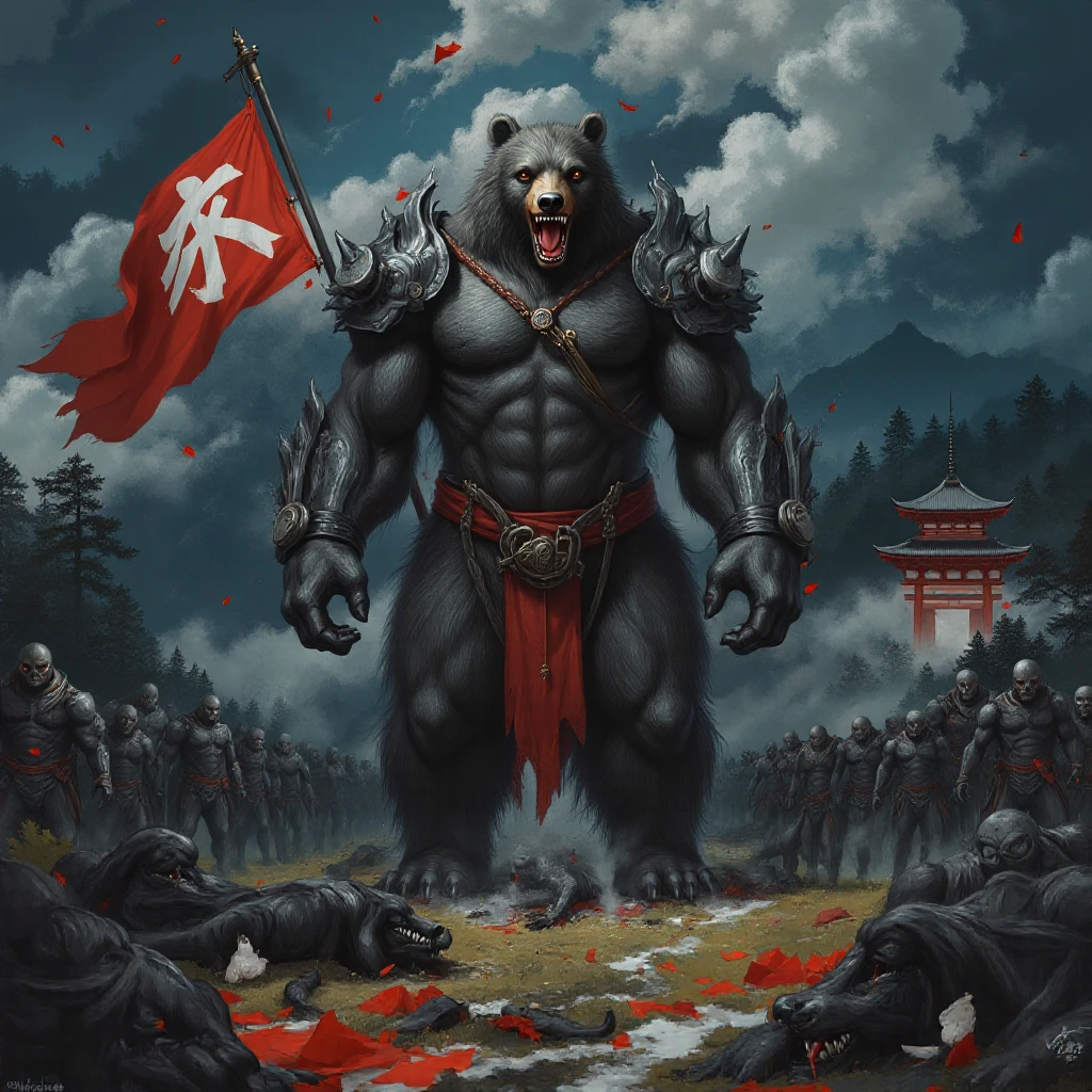 The painting style is detailed and epic. Dynamic frame. The middle of the movement. At a low angle, the figure of a huge, terrifyingly beautiful fantastic Warrior Bear with its head raised up and its toothy mouth open is vertically visible.   A drunken, satisfied Bear catches black petals. Black petals are falling from above, from the branches of old japanese trees. The massive jaws of the bear are actively gnawing on animal flesh. When he chews, steam escapes from his nostrils, mixing with the cold night air. His amber eyes sparkle with pleasure, and his eyelids are heavy with sleepiness caused by eating. The toothy mouth is full of animal flesh. Zombie s are everywhere. On the half-fallen branches of old japanese trees, on the grass. The monster is as relaxed as possible and ready to fall asleep. The huge fantastic bear looks both organic and delightfully predatory. The bear's body is covered with hairy dark fur mixed with some dark black scales. The body is muscly and mildly elongated, with powerful paws with thick claws. A beautiful landscape filles with mountains is depicted in the background. Wooded hills and a temple are visible in the distance. The sky is darkish blue, leaves are flying everywhere. Natural lighting: with backlight, with side lighting. Style: cinematic, fantasy, stylized. detailed design. Stylized, semi-realistic, highly detailed digital art. LUM FLAG