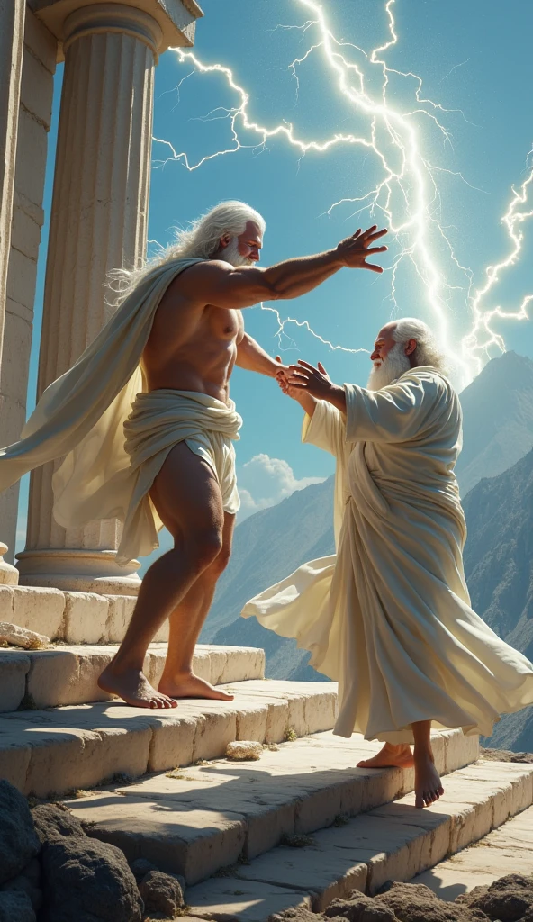 Characters: Zeus, Prometheus - Description: Angry Zeus condemns Prometheus - Epoch: Greek Antiquity - Clothing: Tunic and laurel wreath for Zeus - Place: Mount Olympus - Action: Zeus aims his lightning bolt at Prometheus - Background: The throne of Zeus and the stormy sky - Plan: Zeus Close-up - Style: hyper-realistic, Photo realism, cinematography