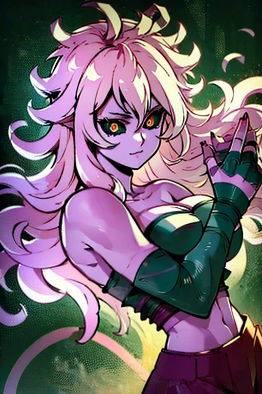 masterpiece, best quality, looking at viewer, upper body, portrait, looking at viewer, seductive smile, put your hands behind your head, armpits, armpits visible, sweaty armpits, medusa, very large breasts, long purple hair, wearing black croptop , no bra, wearing blindfold
