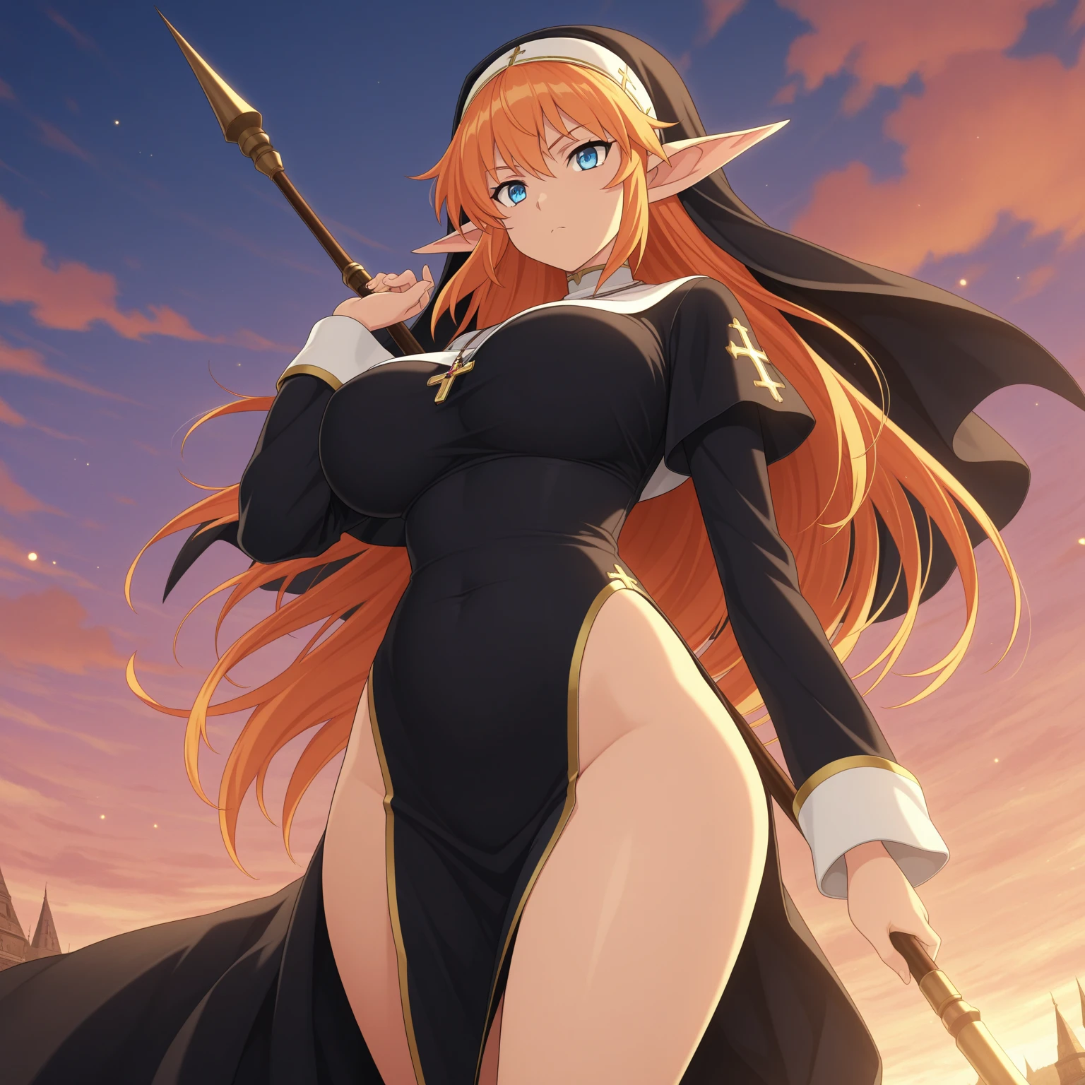 long hair, orange hair,(dark skin female,) (nun), big breasts, Big ass, Deer antlers,large horn, heavy body, large body, venus body, gigantic large tits, red blush, stockings, small sword, under the sea,wet skin,