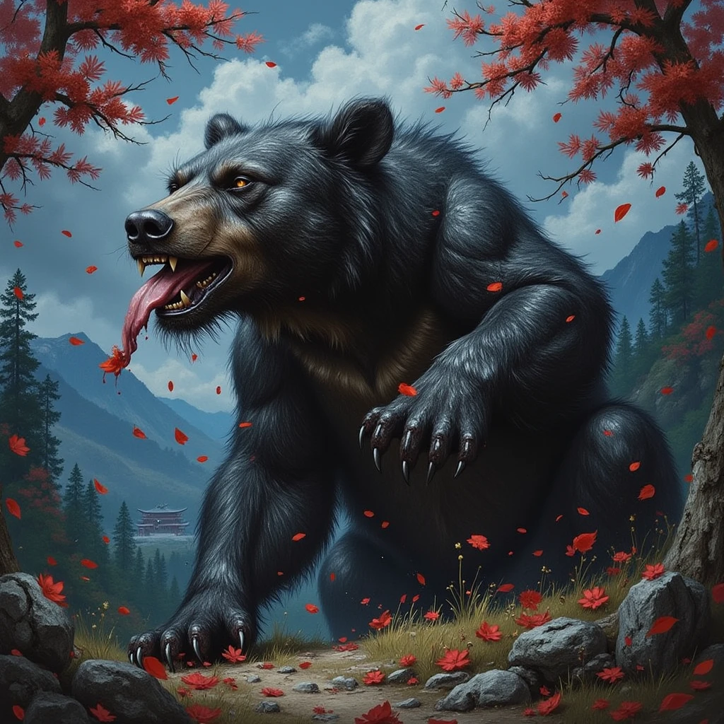 The painting style is detailed and epic. Dynamic frame. The middle of the movement. At a low angle, the figure of a huge, terrifyingly beautiful fantastic Warrior Bear with its head raised up and its toothy mouth open is vertically visible.   A drunken, satisfied Bear catches black petals. Black petals are falling from above, from the branches of old japanese trees. The massive jaws of the bear are actively gnawing on animal flesh. When he chews, steam escapes from his nostrils, mixing with the cold night air. His amber eyes sparkle with pleasure, and his eyelids are heavy with sleepiness caused by eating. The toothy mouth is full of animal flesh. Zombie s are everywhere. On the half-fallen branches of old japanese trees, on the grass. The monster is as relaxed as possible and ready to fall asleep. The huge fantastic bear looks both organic and delightfully predatory. The bear's body is covered with hairy dark fur mixed with some dark black scales. The body is muscly and mildly elongated, with powerful paws with thick claws. A beautiful landscape filles with mountains is depicted in the background. Wooded hills and a temple are visible in the distance. The sky is darkish blue, leaves are flying everywhere. Natural lighting: with backlight, with side lighting. Style: cinematic, fantasy, stylized. detailed design. Stylized, semi-realistic, highly detailed digital art. LUM FLAG