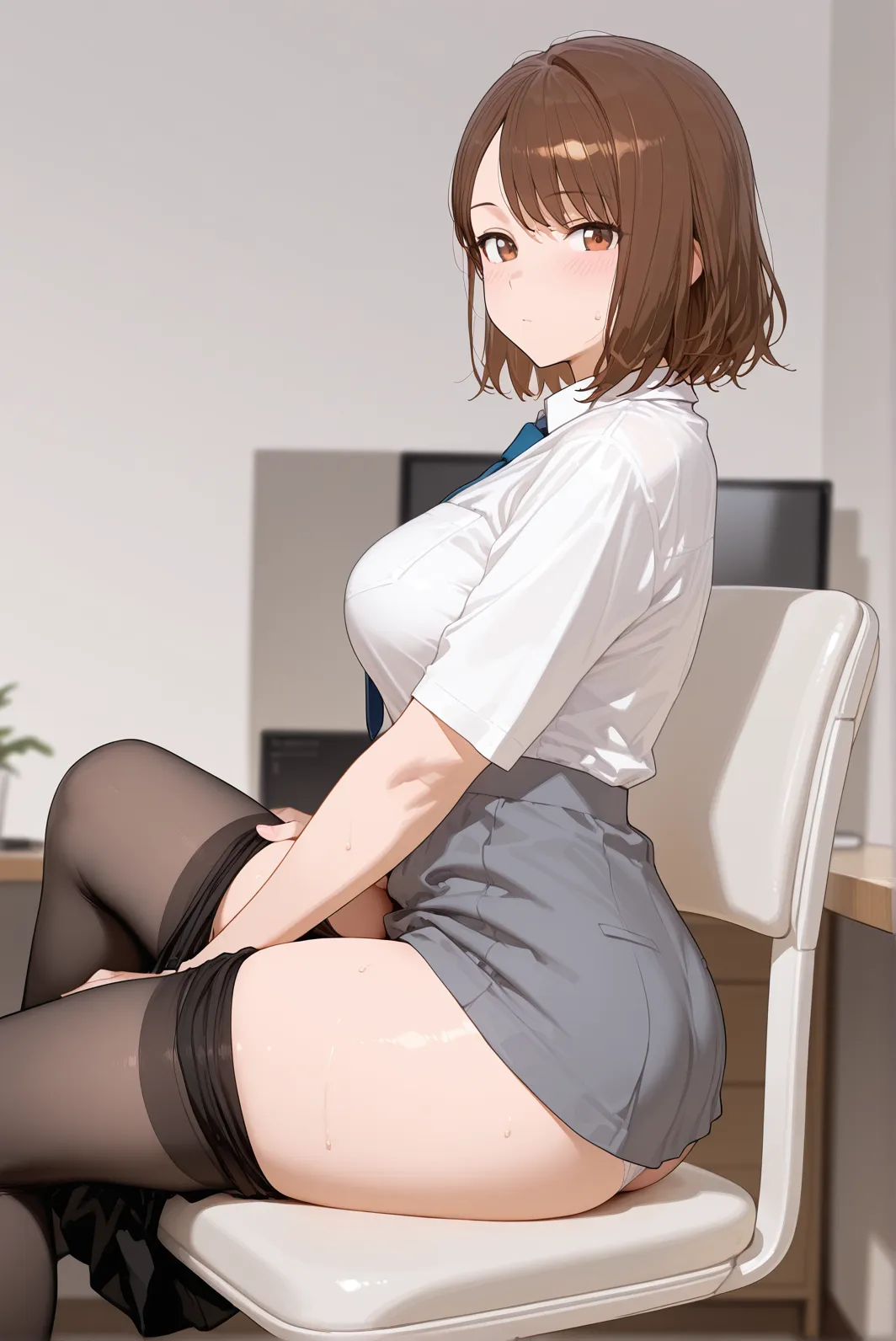 One Girl, alone, ((White shirt)), Black knee socks, Proudly, Cleavage,Black panties,Show off your panties to your audience,Spread your legs wide,脚をSpread your legs,I can see your pants,Spread your legs and show me your panties,Her shirt is flipped up and her bra is visible,Spread your legs,Black bra,Big Ass,Large Breasts,Low Angle,Chair下からのアングル, Cowboy Shot,uniform, officeの背景, Black Skirt, Pleated skirt, Very short skirt,Pantyhose,office,E Cup, Look at the viewers, alone, Thighs ((masterpiece)), sit, Chair, desk work, Computer on the desk, Name tag, ID Tag, in house, blush, Sexy pose