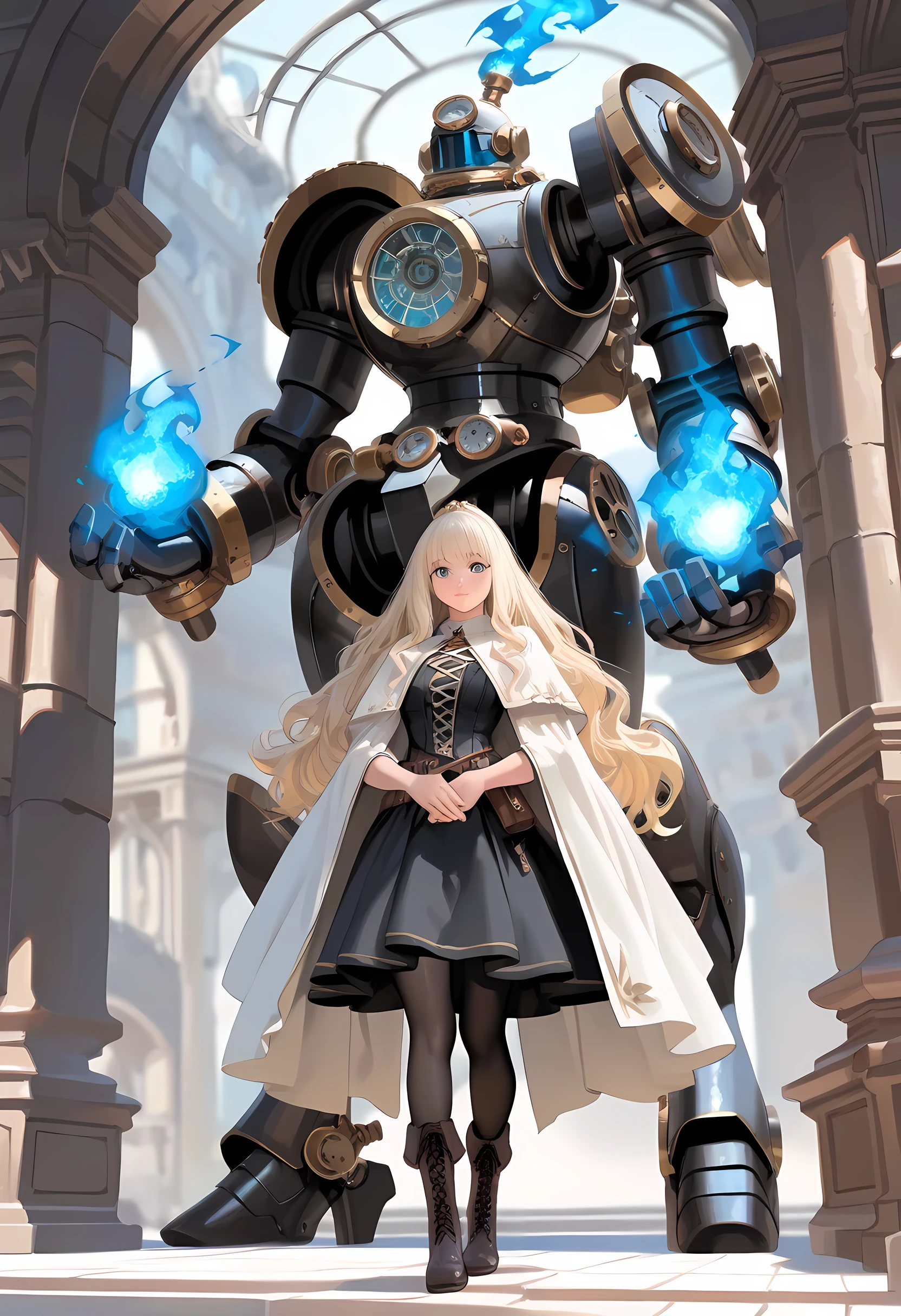 a ((black and white snapshot picture)) of a mecha woman wizard, standing proudly, manipulating magical blue fire, ((only the fire is blue)) extremely beautiful woman (best Detailed, Masterpiece, Hyperrealistic) blond hair, rich hair, wavy hair, dynamic eyes color, wearing black and white dress, wearing (white cloak), wearing (pantyhose), wearing high heeled boots, laces boots, make up, steampunk laboratory background fantasy art, steampunk art, RPG art, photograph, RAW, Best Detailed,, ultra best realistic, best details, best quality, 16k, [ultra detailed], masterpiece, best quality, (extremely detailed), ultra wide shot, photorealism, depth of field, hyper realistic painting photorealistic, RAW, fantasy art, realistic art,((best quality)), ((masterpiece)), (detailed), perfect face, fantasy, hkmagic