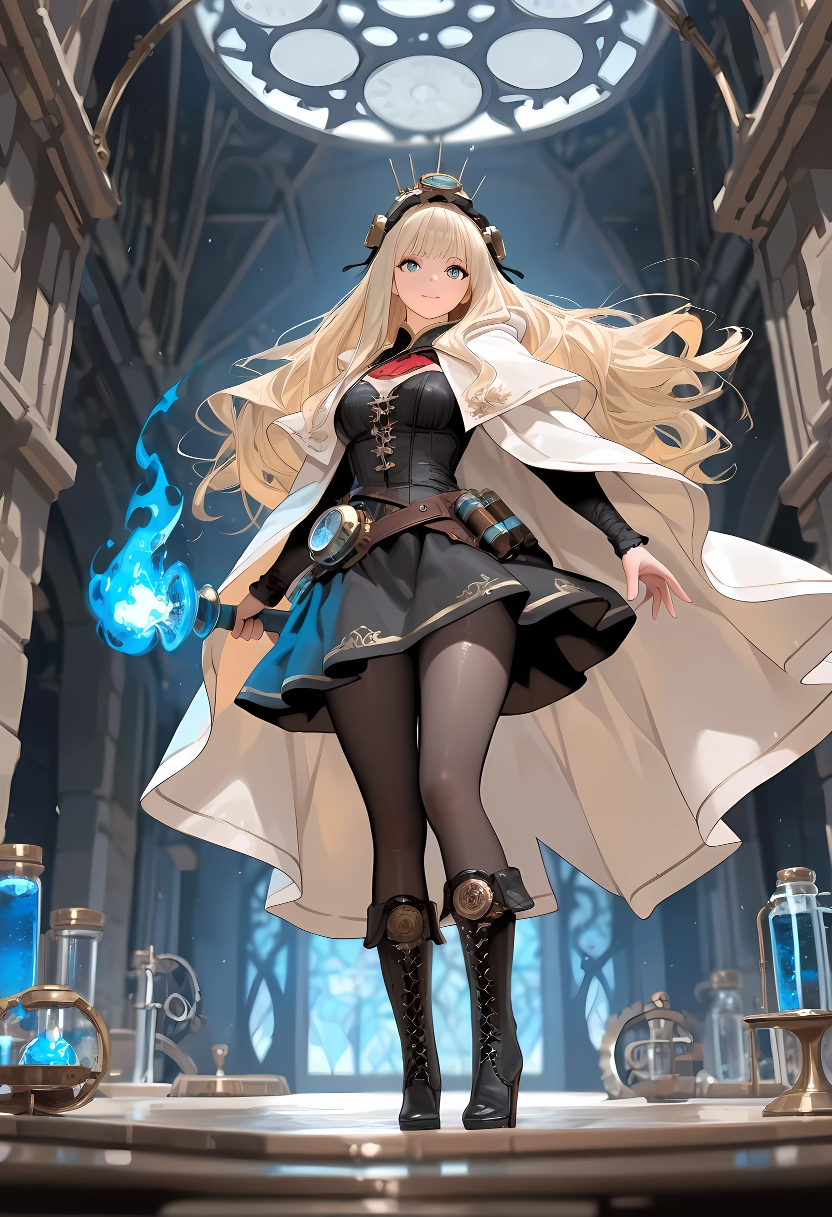 a ((black and white snapshot picture)) of a mecha woman wizard, standing proudly, manipulating magical blue fire, ((only the fire is blue)) extremely beautiful woman (best Detailed, Masterpiece, Hyperrealistic) blond hair, rich hair, wavy hair, dynamic eyes color, wearing black and white dress, wearing (white cloak), wearing (pantyhose), wearing high heeled boots, laces boots, make up, steampunk laboratory background fantasy art, steampunk art, RPG art, photograph, RAW, Best Detailed,, ultra best realistic, best details, best quality, 16k, [ultra detailed], masterpiece, best quality, (extremely detailed), ultra wide shot, photorealism, depth of field, hyper realistic painting photorealistic, RAW, fantasy art, realistic art,((best quality)), ((masterpiece)), (detailed), perfect face, fantasy, hkmagic