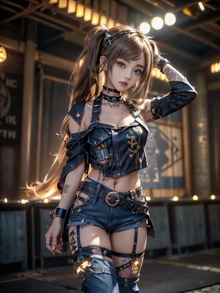 (Beautiful lips and nose:1.4)、(Long eyelashes:1.4)、(Smiling with teeth showing:1.3),(Shibuya Gal:1.5)、(Gothic Lolita delicately decorated dress:1.5)、(Tattered denim and black punk rock cargo pants:1.5)、(Denim and black navy skull mark small jacket:1.4)、(denim garter belt:1.5)、(Black and denim knee socks:1.3)、(Skull Silver Accessories:1.5)、(Denim collar:1.3)、(Brown Skin Belt:1.4)、(Brown boots:1.2)、(The underwear is striped:1.4)、31 years old、((Highest quality、In 8K、masterpiece:1.3))、Sharp focus:1.2、(Layered Cut、Huge boobs:1.1),Beautiful woman with perfect figure:1.4、(Dancing vigorously:1.3)、Slender Abs:1.2、Highly detailed face and skin texture、Detailed eyes、double eyelid,(Twin tails:1.3)、(Brown-golden hair:1.3)、Gravure idol、(The background is a vast mountain with a clear view々Beautiful luxury resort destination in Europe:1.3)、(Slim Body:1.2),(Make your legs thinner:1.4),(clavicle:1.1)