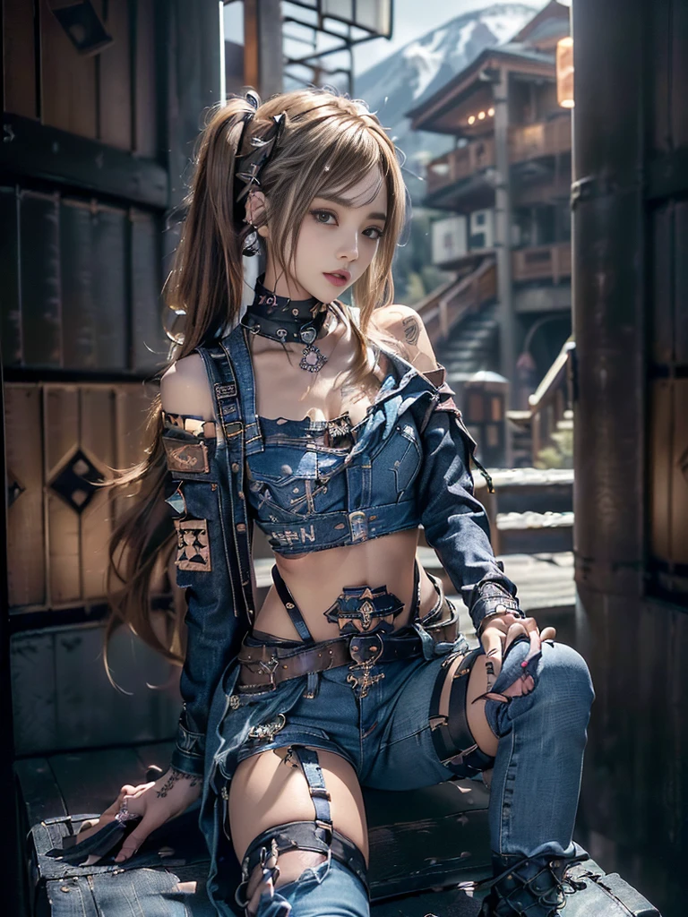 (Full Body View:1.3)、(Side view:1.1)、(Smiling with teeth showing:1.3),(Shibuya Gal:1.5)、(Race queen fashion:1.5)、(Punk RockVisual Kei:1.2)、(Wearing a rhythmic gymnastics bodysuit with intricate details:1.4)、(Cloak de cour with delicate decorations in white, denim and turquoise:1.5)、(Denim with turquoise and white boots:1.3)、((belt))、(Numerous delicate logo marks all over the costume:1.4)、(Denim collar:1.3)、(Striped underwear:1.5)、30 years old、NSFW、((Highest quality、In 8K、masterpiece:1.3))、Sharp focus:1.2、(Layered Cut、Beautiful boobs:1.1),Beautiful woman with perfect figure:1.4、(Posing for a sexy photo shoot:1.3)、Slender Abs:1.2、Highly detailed face and skin texture、Detailed eyes、double eyelid,(Twin tails:1.3)、(Brown-golden hair:1.3)、Gravure idol、(The background is the stage of the fashion show:1.3)、(Slim Body:1.3),(Make your legs thinner:1.4),(clavicle:1.1)、(Thin thighs:1.2)