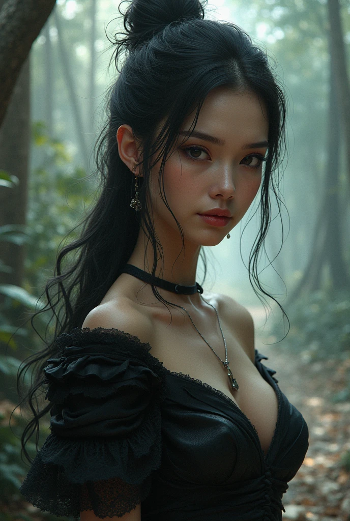 a beautiful, attractive, slender sorceress with sexy long black hair, busts large ,a low-cut Victorian dress, a black v-neck bodice with laces, the background of a magical tower in an enchanted forest