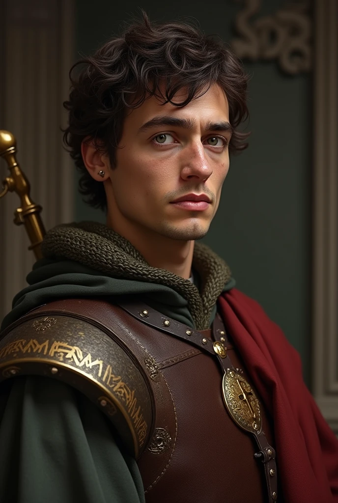 "3D inspired by Pixar/Disney
A white man with short curly black hair, no beard, 60 years old, prescription glasses, normal body, drooping cheek, green eyes, with medieval style clothes, serious look, with a sword at his side and microphone in his hand, making a speech to the crowd, In the background is a castle, an army of warriors,
Generate this Disney poster-style image titled "Smart Tools and Where to Find Them"