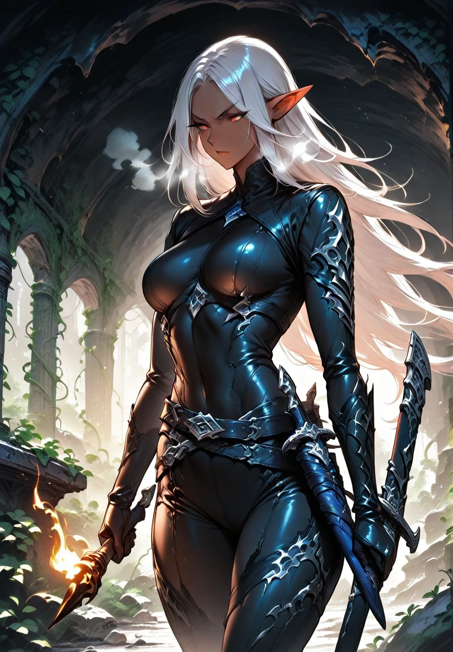 Full body portrait, single woman, especially detailed face, masterpiece, 4k, wallpaper, highlydetailed face, ultra-detailed face, voluptuous, big breasts, curvy, long hair, gray-silver hair, a young wolf woman, wolf ears, long wolf tail, wolf-like irises, beautiful, enchanting, bright yellow eyes, detailed eyes, ultra-detailed eyes, accurate eyes, detailed irises, correct body proportions, elegant, small vertical scar under right eye, small rosy lips, big breasts, slender elegant arms, pretty hands, detailed hands, charming, slight blush, smug smile, black stylish shorts and top outfit, detached sleeves, light black armor, armored bike shorts, black armored coat, black metal armor, bare off shoulders, toned abs, exposed belly, standing pose, hands on hips pose, sole girl