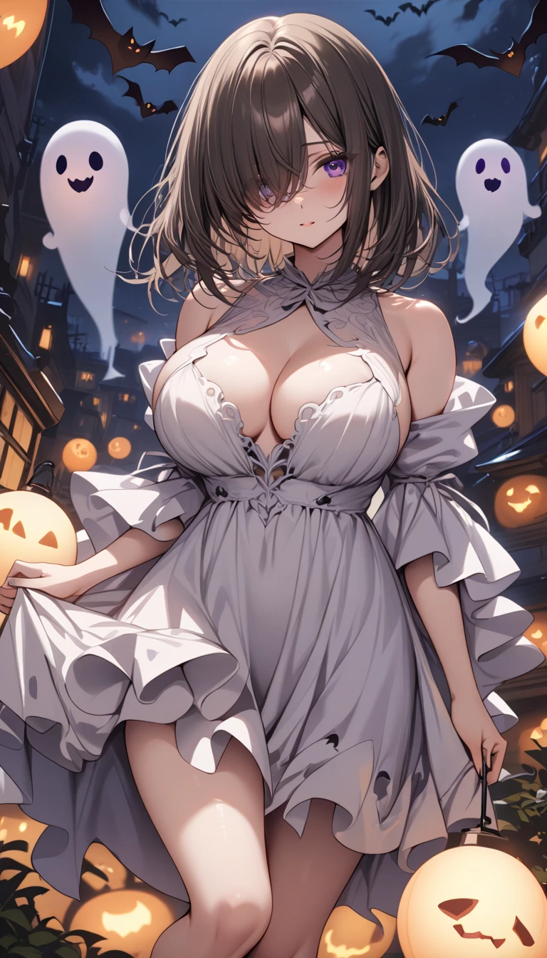 night、Halloween、Western-style building、Woman Frankenstein、Female Mummy、Both eyes open、Girl、Girl、Short、Younger、Lower school year、Baby Face、Big Breasts、looks fun、smile、Dynamic Angle、masterpiece、best quality、ultra-detail、Clothing
