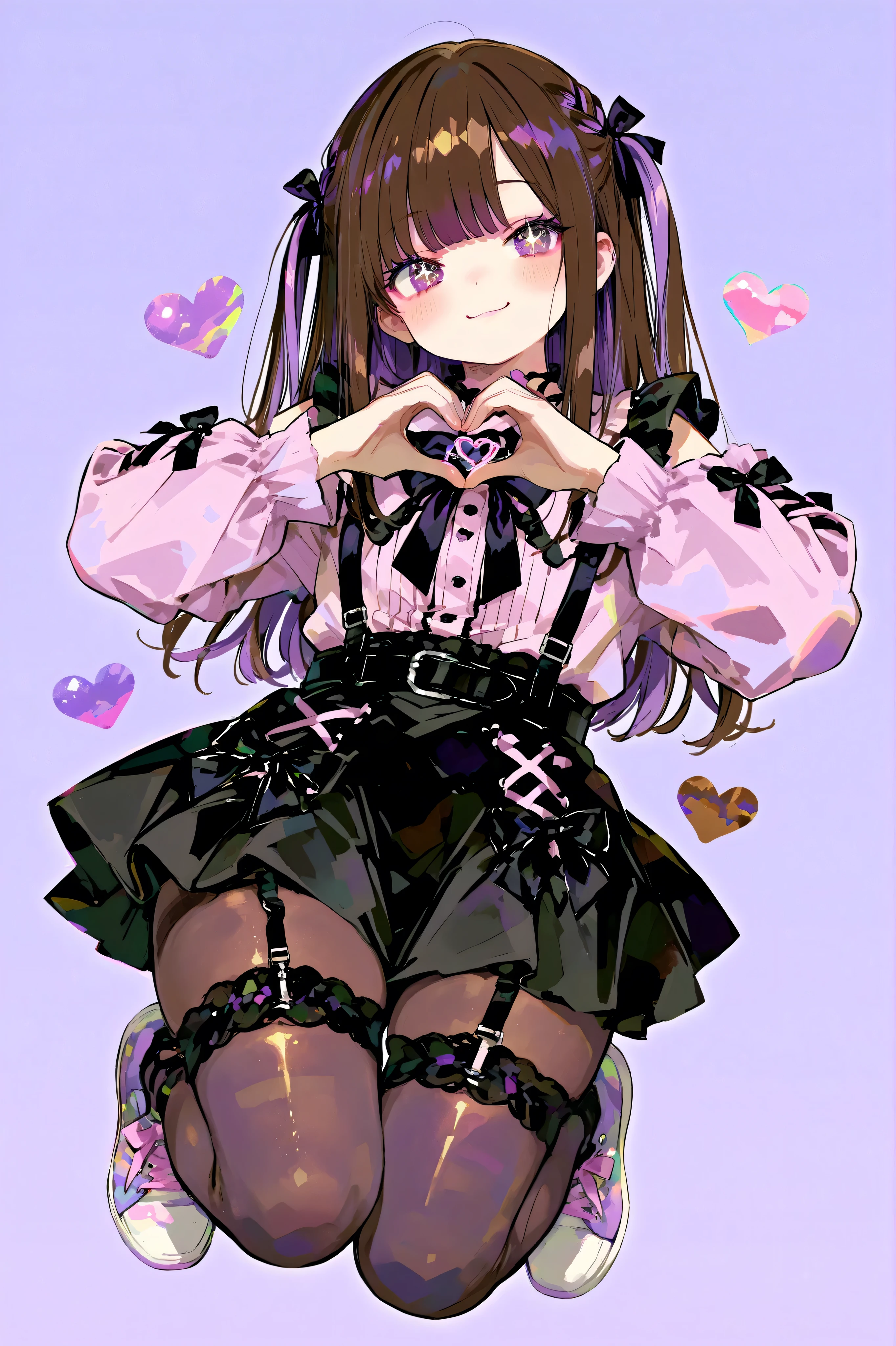 cute anime otoko no ko, jirai_kei, gothic_ta, dark brown and purple gradation medium-length hair, big sparkling brown and lavender eyes, black bows in hair, black skirt, garter straps, legwear garter pantyhose, soft pastel aesthetic, surrounded by small hearts, kawaii style, gentle expression, detailed and colorful illustration, simple background, Round face, Rounded chin, full body shot, sneakers, plump, heart hands, smile