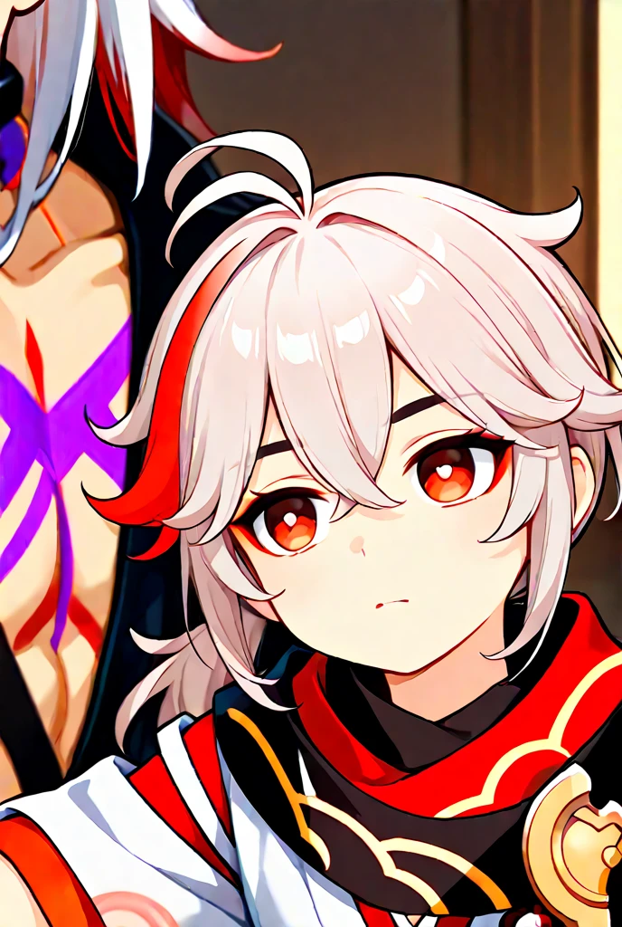 amazing quality,<lora:genshin_all:1>,xinyan \(genshin impact\), 1girl, dark-skinned female, solo, yellow eyes, black hair, white background, streaked hair, cleavage, cleavage cutout, smile, braid, simple background, spikes, upper body, red hair, cropped torso, looking at viewer, short twintails, bangs, closed mouth, hair ornament, white jacket