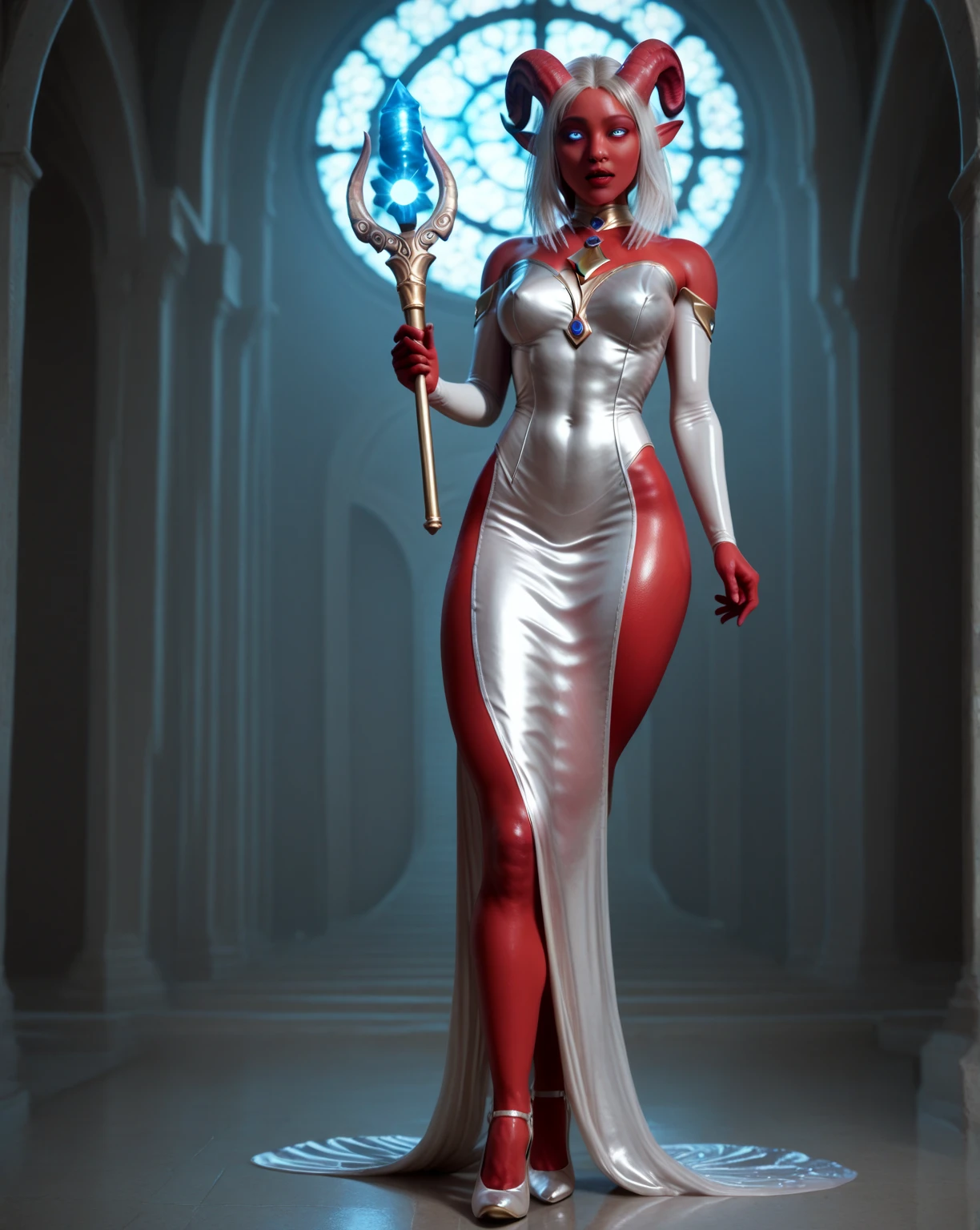 A very delicate full-body image of a giant, made of red translucent glass, both hands holding the handle of a baton, the tip of the baton is stuck into the ground, decorated with small gold and red colors, beautiful and delicate details, shimmering light, the best quality glass art.