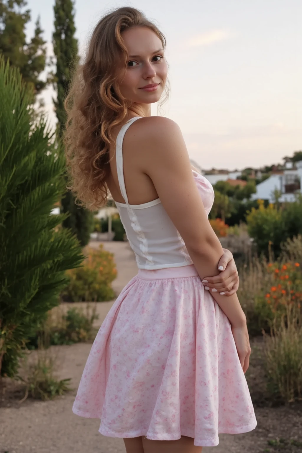 masterpiece, best quality, ultra quality, high quality, realistic, photo realistic, warm lighting,natural lighting,cinematic lighting,RAW photo, hyper detailed, intricate detailed, perfect anatomy, Fujifilm XT3,1girl,Japanese,(slender abs:1.3), cleavage,large hip,(camel toe:1.2), (Dark blonde and pink mideum wavy pixie hair over one eye:1.2), (from front:1.5),smile,(blushing:1.3),teary eyes,(standing:1.2),sunset,magic hour,blue moment,walking,beach,outdoor,(mideum shot), BREAK (wearing pastel color knee length sundress with floral pattern:1.3),(wind lift skirt:1.3),cleavage,