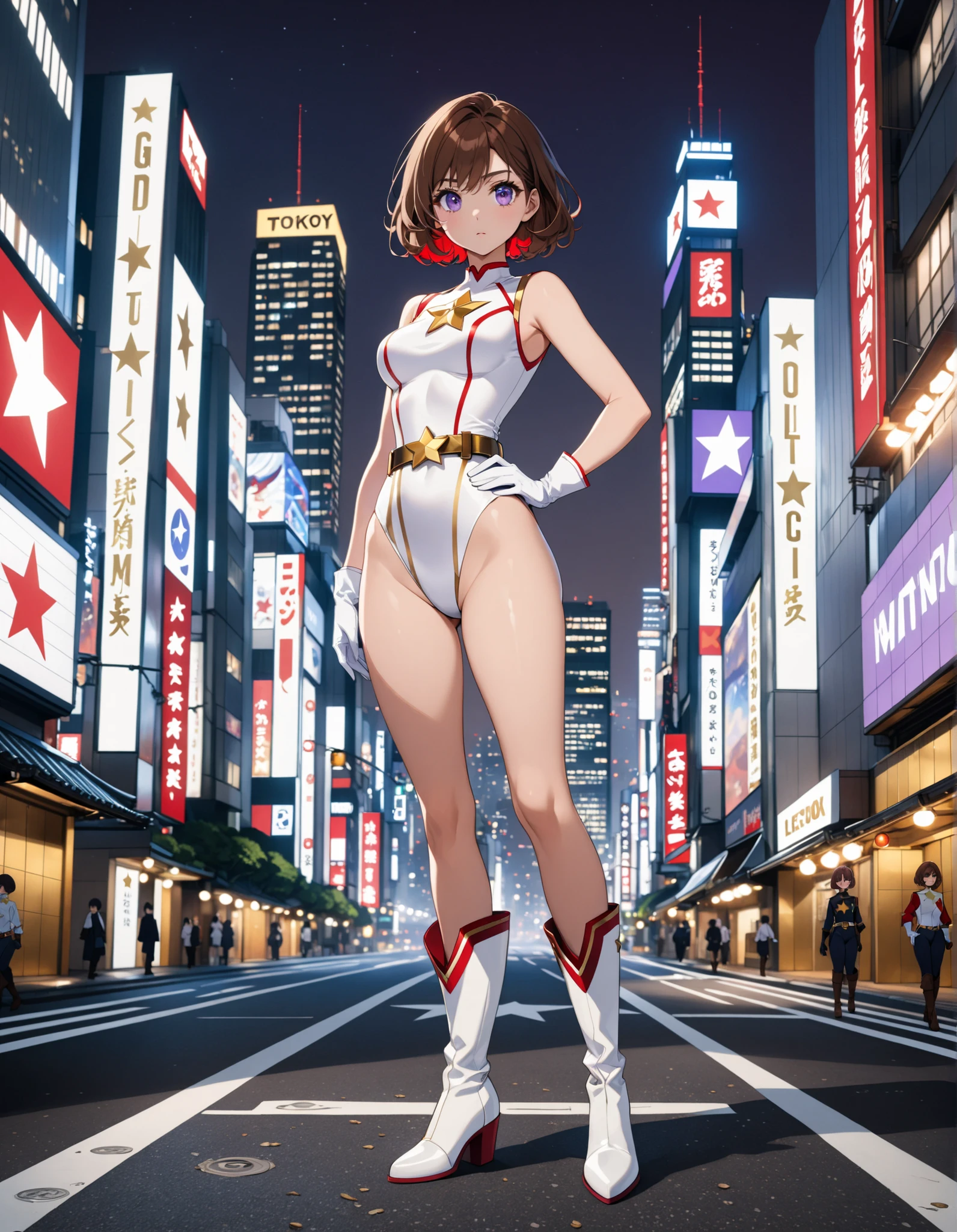 (((pixel-perfect, detail-perfect))), 1girl, medium breasts, superhero, leotard, highleg leotard, ((white and blue leotard)), bare legs, boots, ((white boots)), gloves, ((white gloves)), standing, solo, single, solo focus, (gold belt), hands on hip, full body shot, tokyo city backdrop, sleeveless, ultra highres, absurdres, beautiful face, detailed eyes, symmetric eyes, perfect body, good proportions, mature lady, brown hair, bob hair, ((gold star on chest)), ((green eyes))