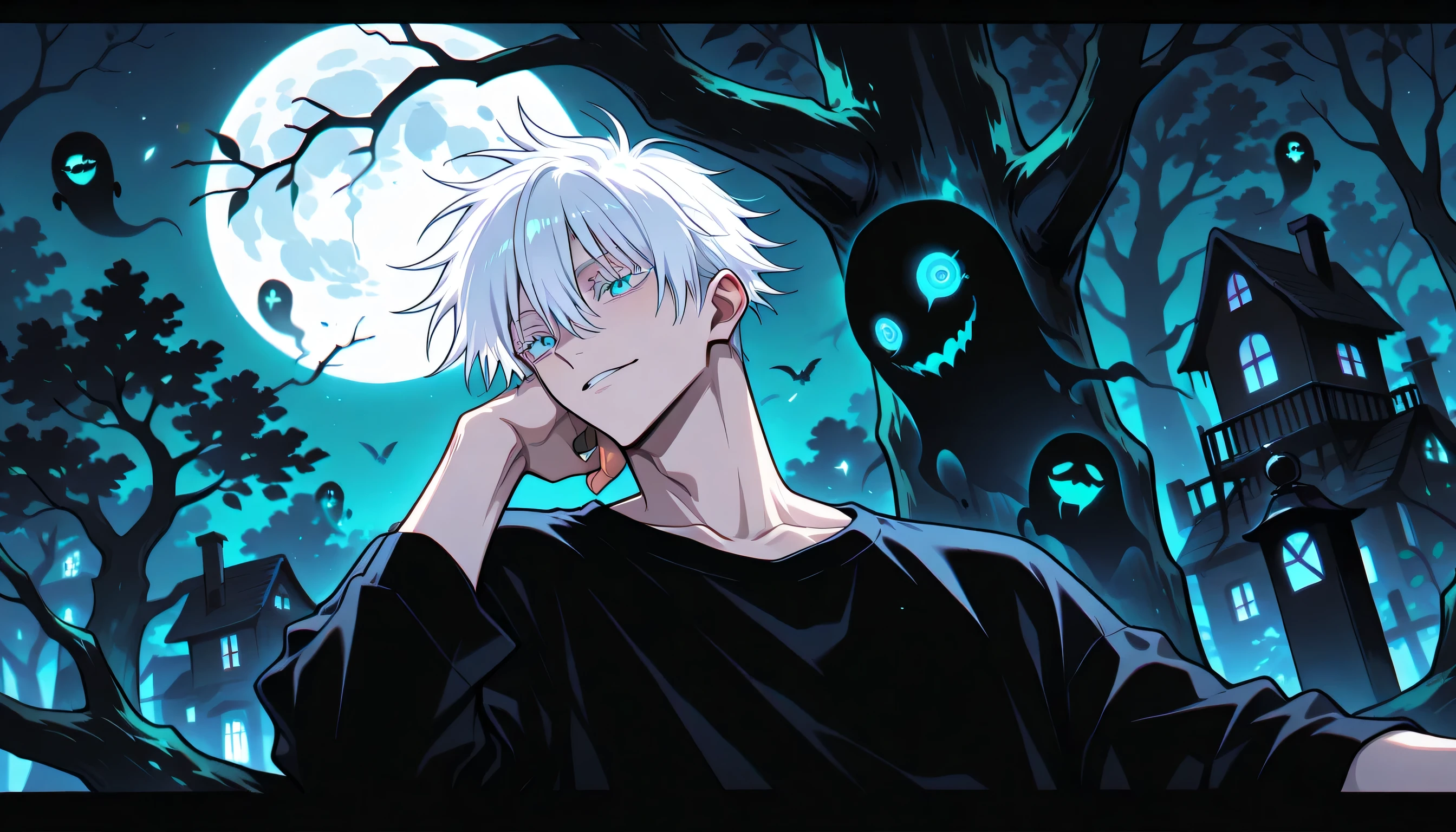 1man, adult, male focus, gojou satoru, jujutsu kaisen, white hair, short hair, ((hair between eyes)), colored eyelashes, white eyelashes, blue eyes, intricate eye iris, detailed eyes, muscular male, sexy man, handsome man, handsome face, shirt, ghost, handsome, smooth pale skin, cool style, cool pose, muscular, ghostly shadow, haunted house, dark night, full moon, moonlight reflection, leaning on a tree, bright green tree, beautiful background, handsome ghost on a tree, high level, high quality, clearer image 3