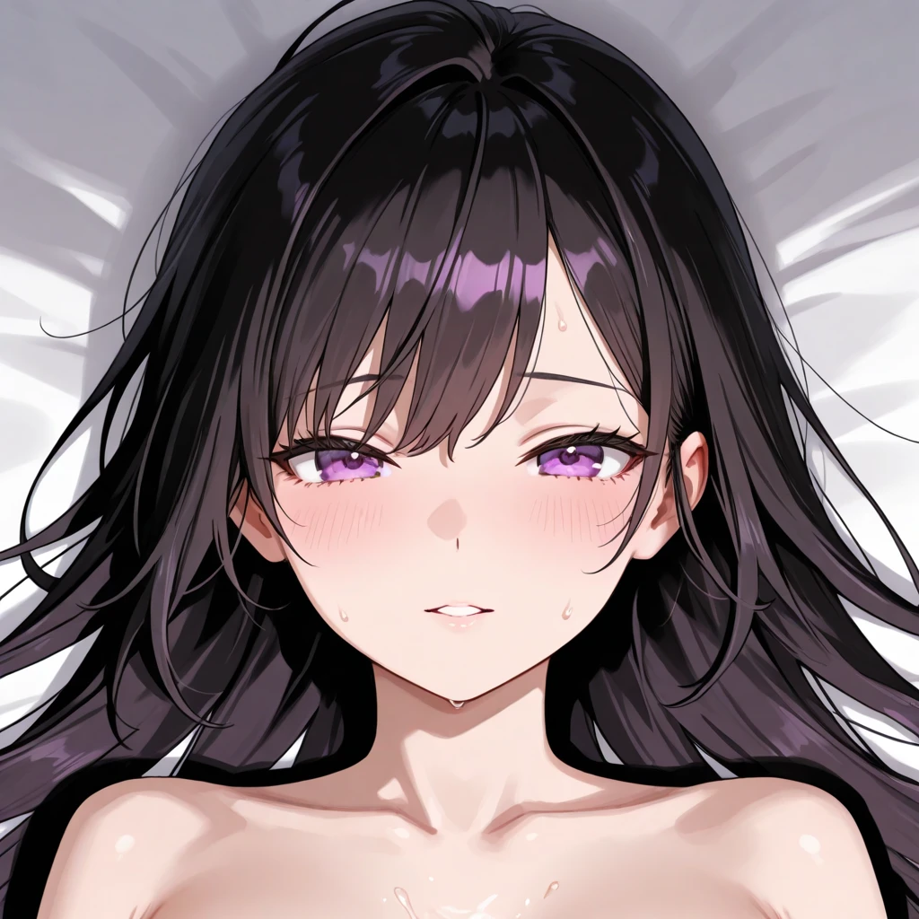 (nsfw),masterpiece,ultra detailed,sharp focus,hyperrealistic, [ 4 k digital art ]!!,vulgarity,seductive anime female,adult oval face,mature female lying on back,black hair,trembling,from above,look at viewer,make-up,face focus,sweaty,suffering and aroused,crossed eyes,
