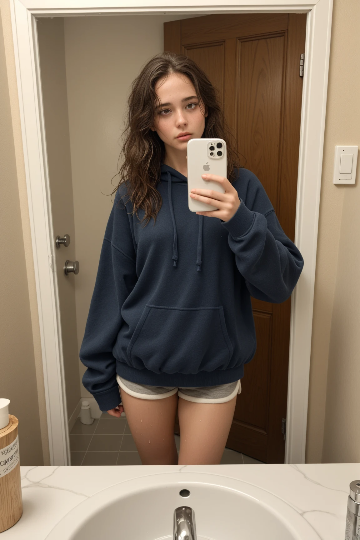 Sabrina Carpenter, no pants, no panties, selfie mirror, backwards, hoodie, socks