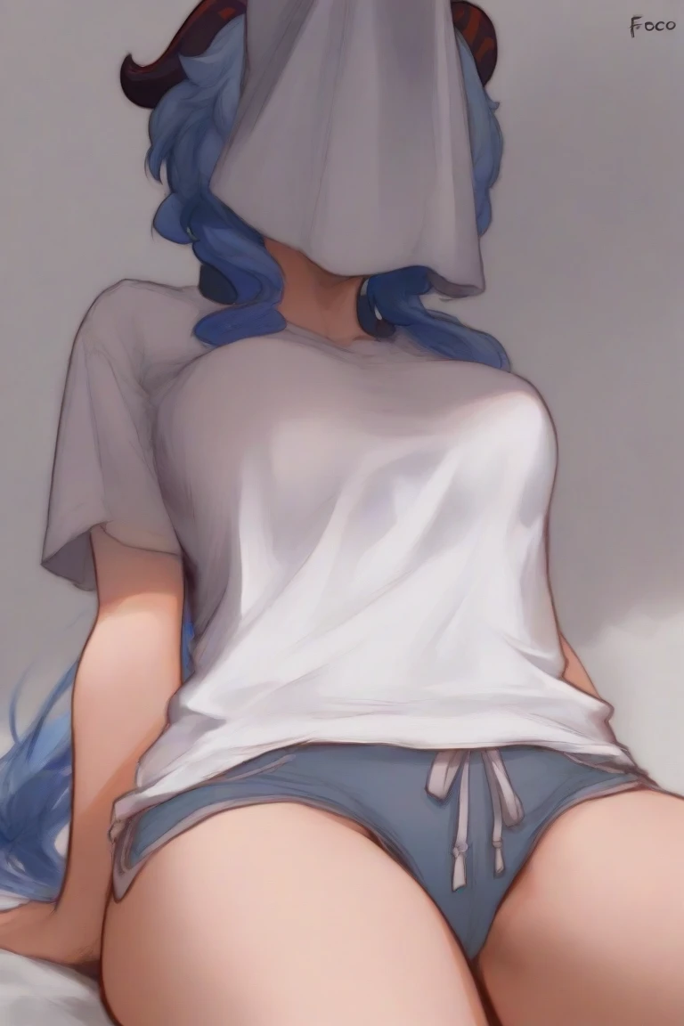 (artwork, best quality) a girl with long blue messy hair, blue eyes, blue eyelashes, blue denim mini shorts, long black tights, off the shoulder top, sitting, tattoo, big , perfect body, 4k hd, upset, blushing, in a room