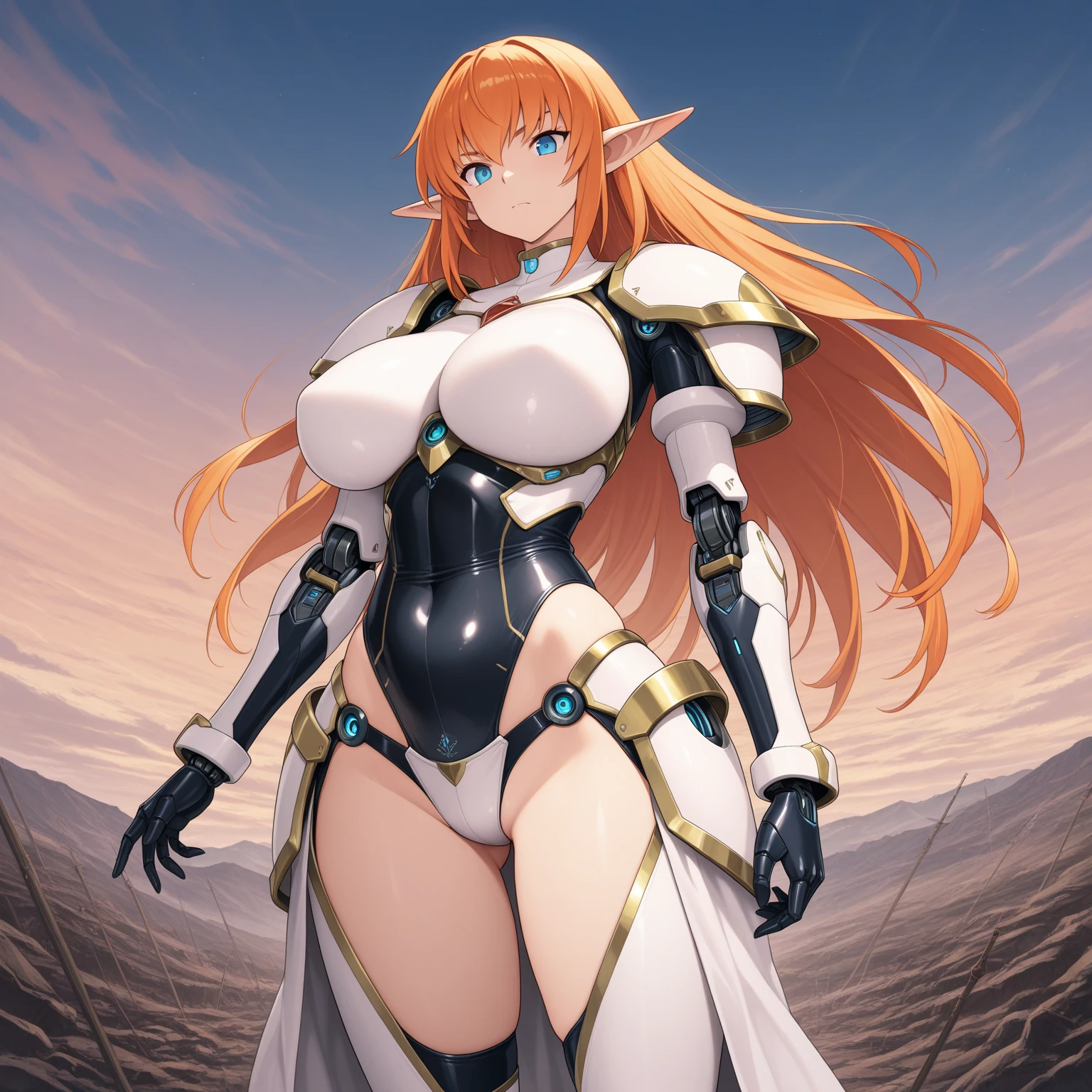 Anime style, high resolution, (masterpiece), 4k, (high detail), portrait, (full body), ((1girl)), teen, ((white waist length flowing hair)), (rabbit ears), (red eyes), (c-cup chest), wide hips, (((futuristic valkyrie armor with white and red color theme))), ((exposed biceps and thighs)), stoic, standing, relaxed stance, (heroic), (rooftops), futuristic city background, night time, full moon