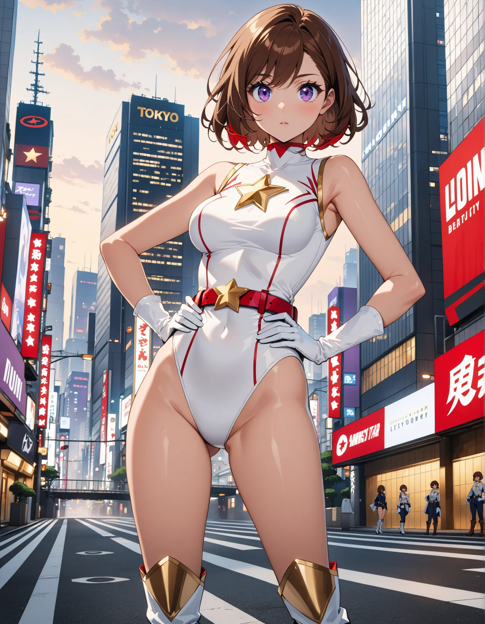 (masterpiece), (best quality), (high res), medium breasts, ((leotard, white and red leotard, matching leotard, sleeveless, bare legs)), ((tight belt, gold belt)), ((boots, matching boots, ankle-high boots, white boots)), ((gloves, white gloves)), city backdrop, tokyo city backdrop, solo, solo focus, standing, (full body), cowboy shot, superhero, ((beautiful detailed eyes)), ((gold star symbol on chest)), (brown hair, medium hair, bob hair, purple eyes), (perfect hands, perfect anatomy), cowboy shot, superhero, ((beautiful detailed eyes)), full body costume design.