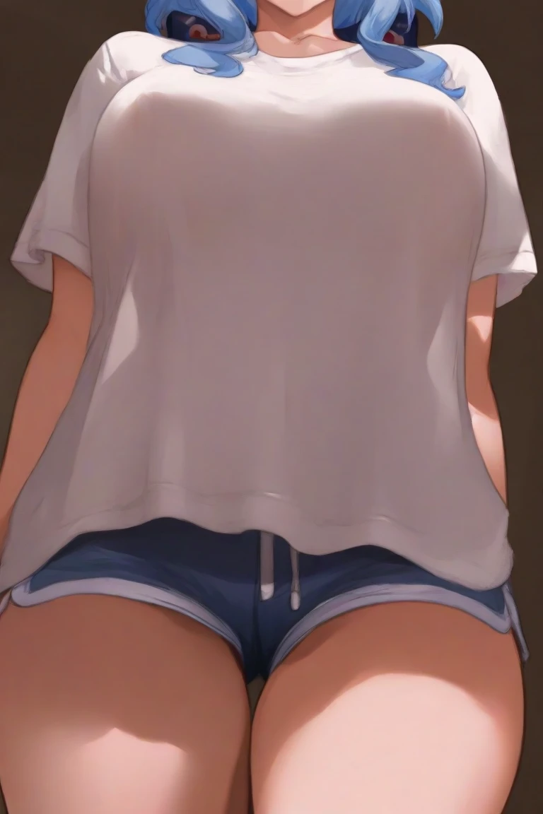 1girl, Hinata Hyuuga , breasts, solo, large_breasts, navel, panties, underwear, brown_eyes, short_hair, brown_hair, looking_at_viewer, thighs, shirt, parted_lips, bangs, black_panties, crop_top, white_shirt, cameltoe, highleg, blurry, blurry_background, thong, highleg_panties, from_below, ass_visible_through_thighs, stomach, patreon_username, looking_down, midriff, blush, swept_bangs