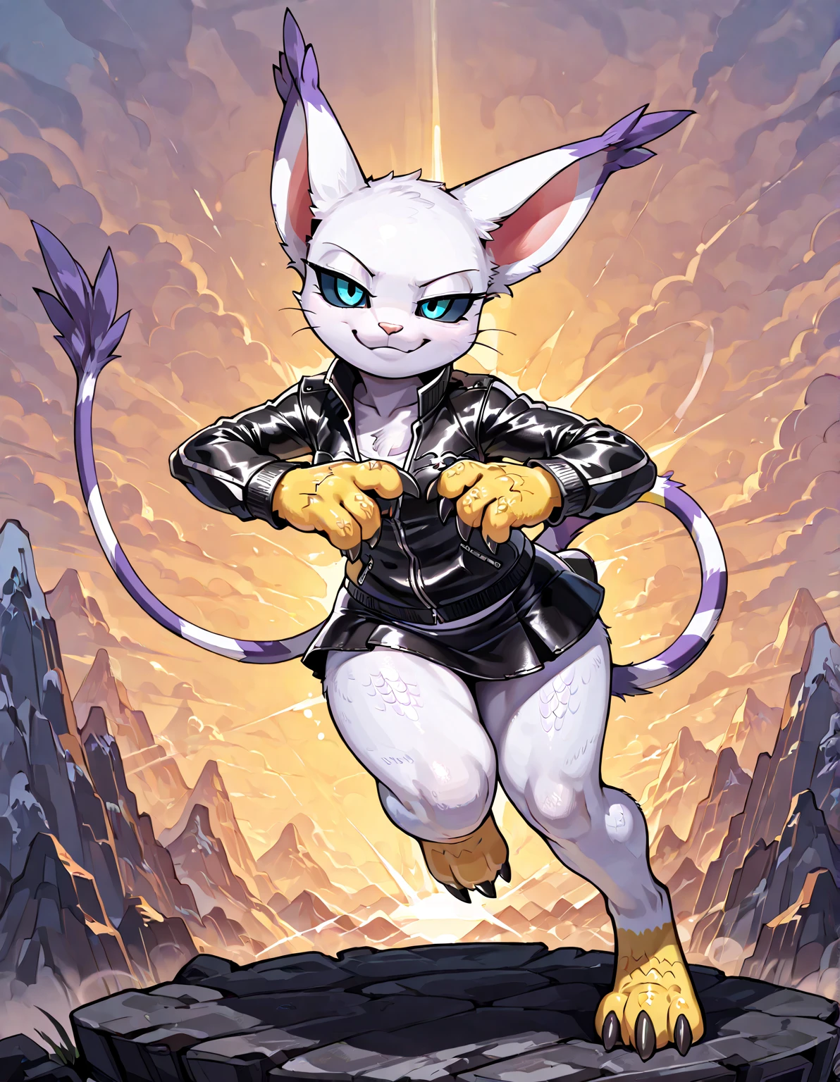 solo, anthro scalie, furry female, Gatomon, short body, body scales, scales, smirk, bedroom eyes, blue eyes, black sclera, 4 fingers on each hands, lizard tail, small breasts, big hips, spines, (wearing biker jacket and a leather miniskirt), barefoot, lizard feet, digitigrade feet, black claws, scalie, scales, detailed scales, dynamic combat pose, mountain background.