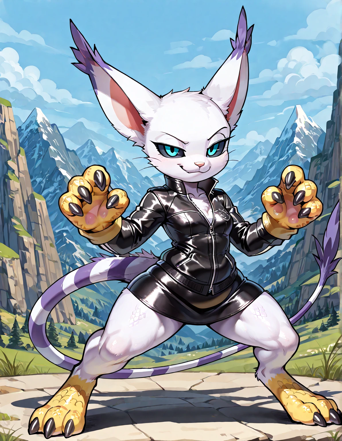 solo, anthro scalie, furry female, Gatomon, short body, body scales, scales, smirk, bedroom eyes, blue eyes, black sclera, 4 fingers on each hands, lizard tail, small breasts, big hips, spines, (wearing biker jacket and a leather miniskirt), barefoot, lizard feet, digitigrade feet, black claws, scalie, scales, detailed scales, dynamic combat pose, mountain background.