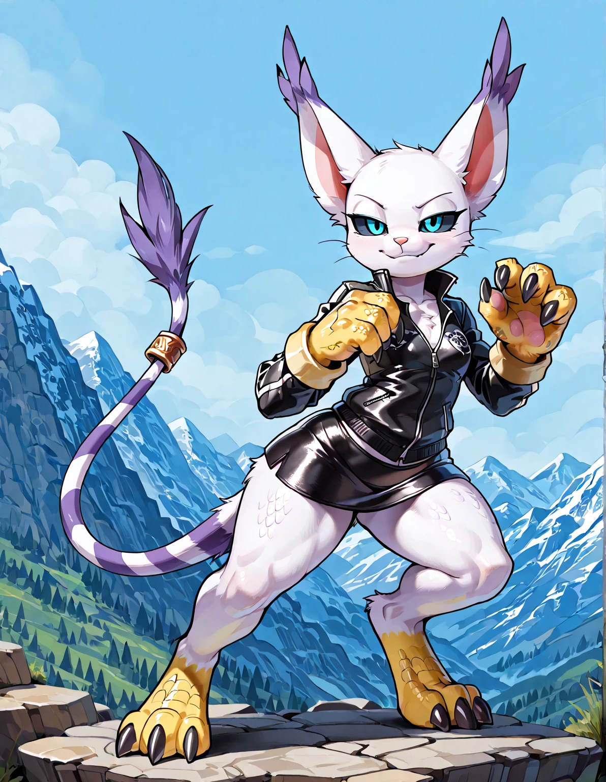 solo, anthro scalie, furry female, Gatomon, short body, body scales, scales, smirk, bedroom eyes, blue eyes, black sclera, 4 fingers on each hands, lizard tail, small breasts, big hips, spines, (wearing biker jacket and a leather miniskirt), barefoot, lizard feet, digitigrade feet, black claws, scalie, scales, detailed scales, dynamic combat pose, mountain background.
