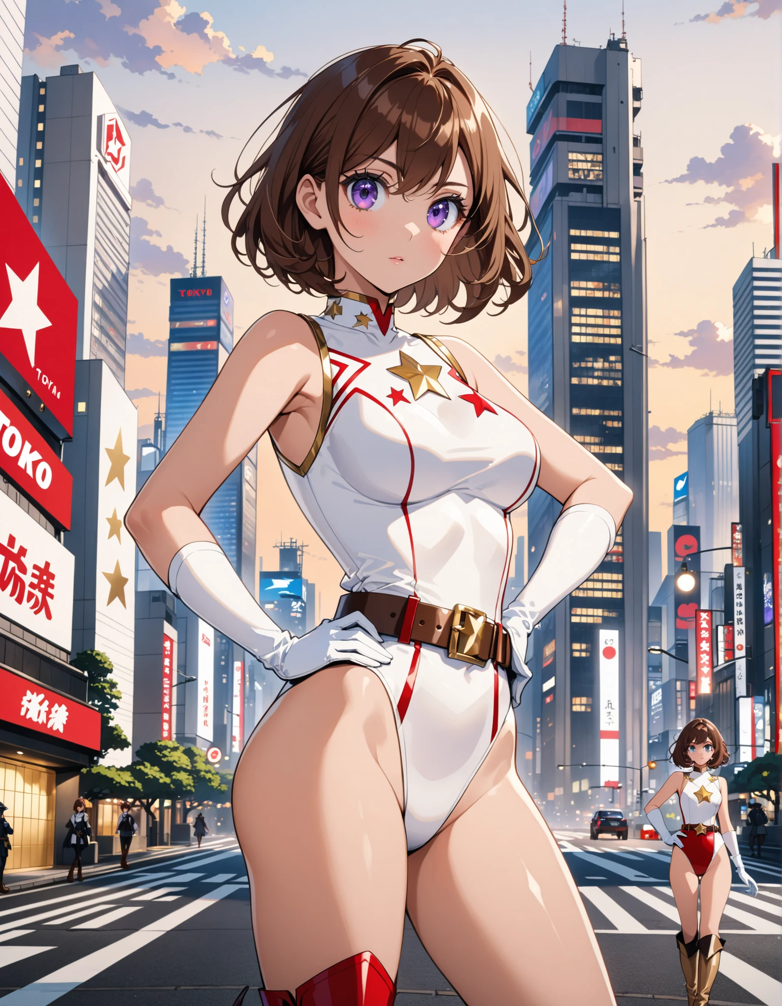 (((pixel-perfect, detail-perfect))), 1girl, superhero, gymnast_outfit leotard, bare legs, boots, standing straight, solo focus, golden belt, one hand on hip, full body shot, outer space, sleeveless, ultra highres, absurdres, beautiful face, detailed eyes, symmetric eyes, perfect body, good proportions, light swirls around her body, light particles, atom, ((only five fingers)), ahoge, solo, solo focus