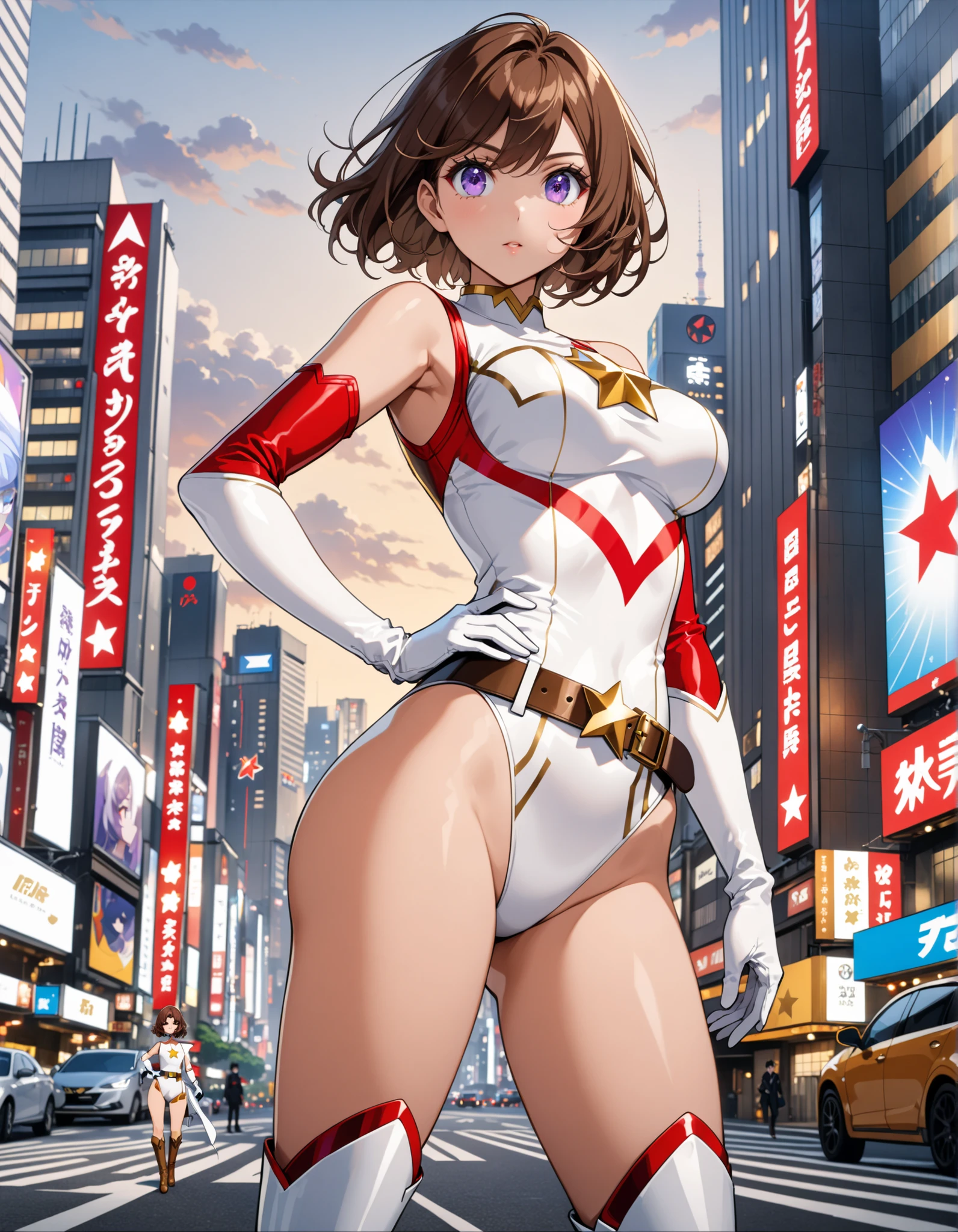 ((masterpiece)). ((best quality)), ((highres)), 1girl, solo, short hair, brown hair, purple eyes, (full body), standing, hands on hip, (sleeveless white and red leotard with yellow accents and star emblem embedded in chest area), (matching white gloves), ((bare legs)), superhero, tokyo city backdrop, matching boots, medium breasts, 20 age,