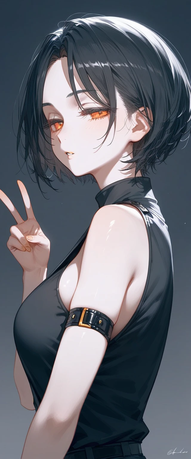 high_quality, highres, beautiful, detailed, (masterpiece, best quality:1.2), absurdres, 8k, HDR, 1girl, hair over eyes,  shoulders, black dress, black hair, , cleavage, collarbone, dress, gradient, gradient background, greyscale, , halterneck, looking at viewer, , short hair, solo, standing, dynamic angle, dynamic posing, double V pose