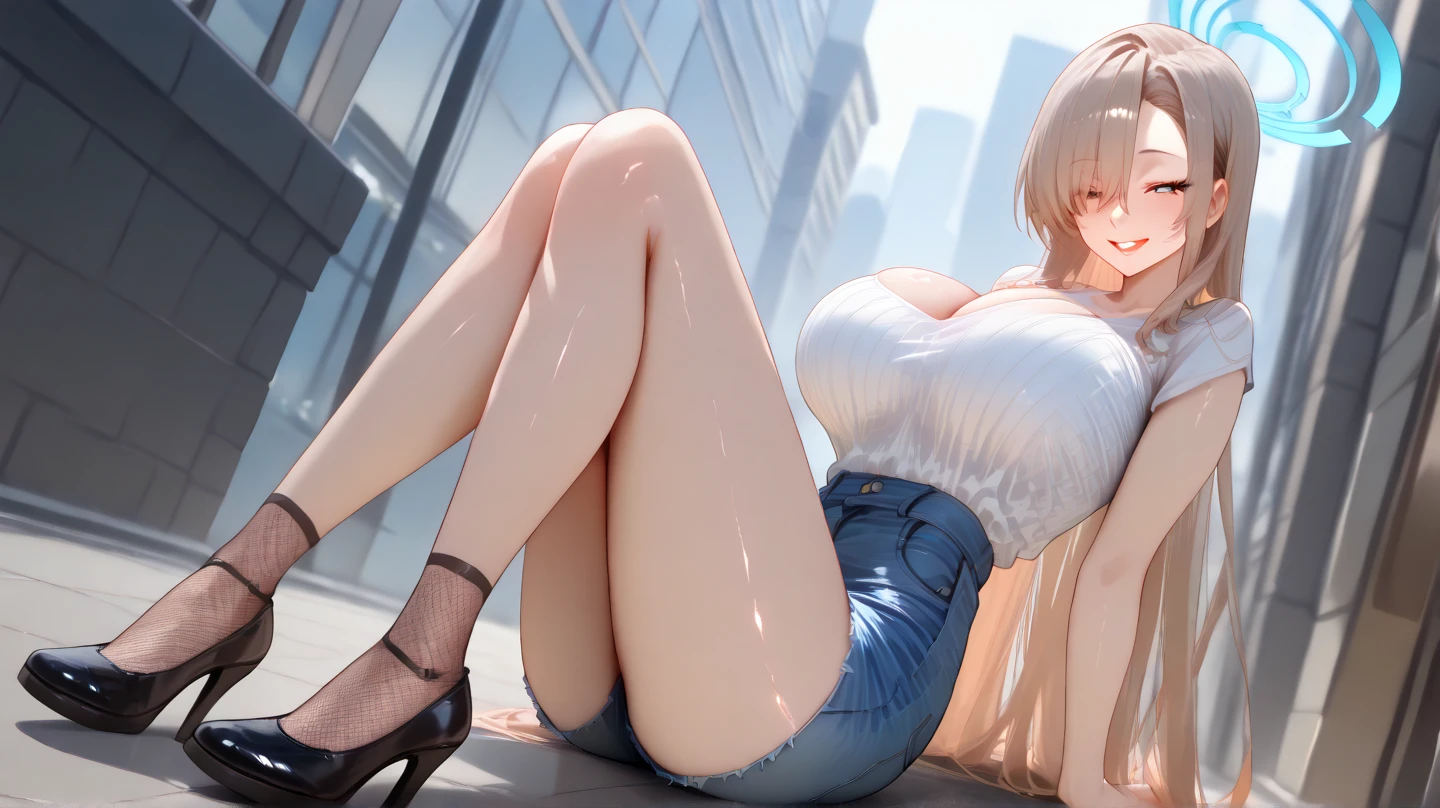 ((Best Quality)), ((masterpiece)), (detailed), 1 girl, with white leotard, long blond hair, green eyes,angel wings on the back, tanned skin, big breasts,sitting, crossed legs,((Whole body)), ((right side profile view))..