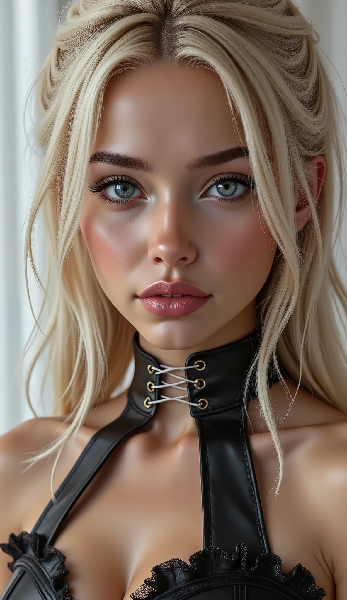  Realistic (photorealistic Realism), (high resolution), ((intricately detailed digital art)), (((full body shot:1.93))), (ultra realistic texture details: velvety skin, hair), (ultra quality), professional photography, (((anatomically correct))), (perfect female body:1.4), cute girl, full body shot, fashion model, Harley Quinn, elegant and charming, cute, blushing, realistic details and sharp facial features and expressions, super detailed and shinning platinum hairs with two long ponytails one pink one blue flowing over her shoulders, (perfect natural breasts), (minute details realistic glossy blue eyes), Hyper Photorealistic portrait of A 1 Woman:1.4 22yo, (intricately detailed, clear and sharp perfect round realistic blue_eyes:1.25), (droopy eyes), symmetrical lips, light glossy red_lipstick, long eyelashes, dslr, best high quality soft lighting, (vivid and colorful), (perfect composition), wearing, [[((black skirt, with ruffles: 1.33)), (white mesh accessories: 1.35), (((small, tight laced micro corset:1.4)), with gold cord: 1.3]], medium ass, ((layer cut: 1.34)), (no_Panties), ((Whitens skin, slim face)), slim belly: 1.2, ((slim, athletic figure:1.25)), The attention to detail, satisfaction smile, gorgeous appearance, electrifying appearance, (Dynamic pose: 1.2), ((sharp focus)), (Rendering engine: "Unreal Engine 5 path tracing, 16K texture maps"), The ultra-Highres,Unreal 5,Subsurface scattering,PBR Texturing,Post-Processing,Anisotropic Filtering,depth of fields,Maximum Sharpness and Sharpness,multi-layered texture,Albedo and Specular maps,Surface Shading,Precise simulation of light-material interactions,perfectly proportions,Octane rendering,Two-tone illumination,Wide Aperture, low ISO, white balance, The rule of thirds
