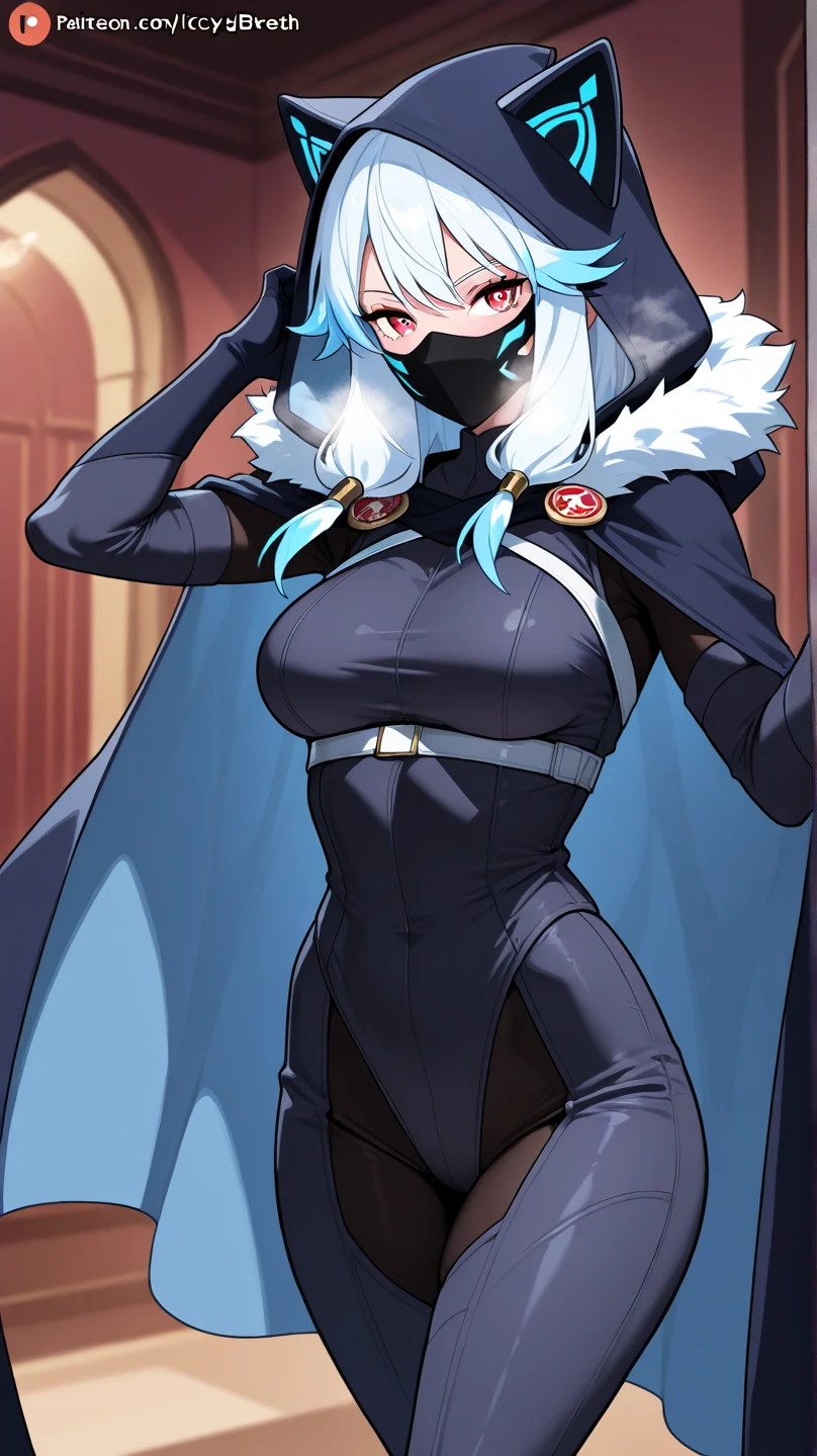 (best quality,4k,8k,highres,masterpiece:1.2), female, beautiful, kitsune, ninja, piercing blue eyes, short white hair, fox features, pointed ears, ninja outfit