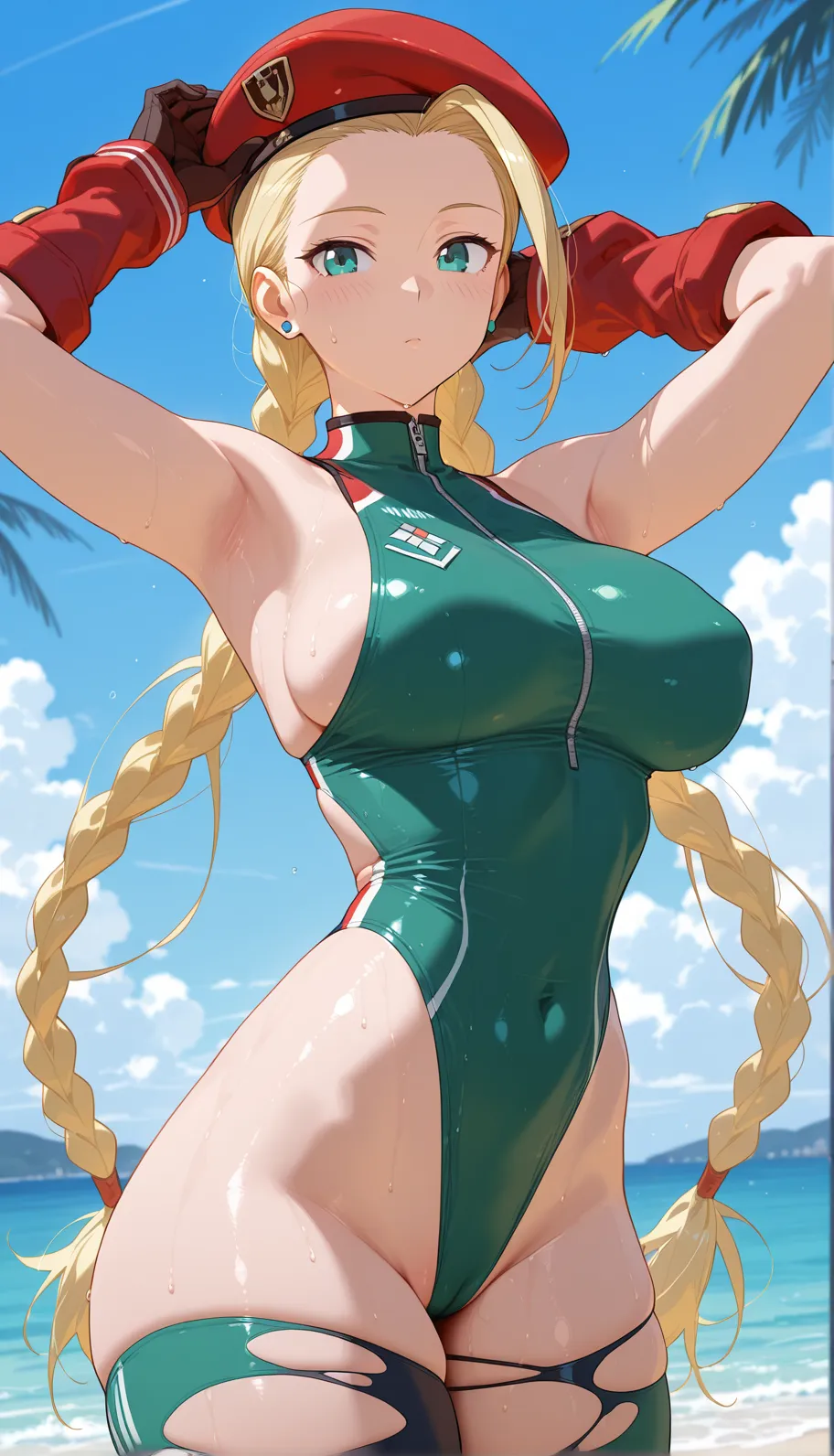 ((Masterpiece)), perfect anatomy, perfect shading, field of depth, (best quality), extremely delicate and beautiful, perfect lighting, detailed face, ultra cute face, cute, long blonde wet hair, ponytail, wet, green eyes, (blushing), seductive smile, green bikini, (from behind 1.2), (thick thighs), (wide hips), (big butt), (Curvy), (emphasized butt), ((chubby)), standing, pool side,