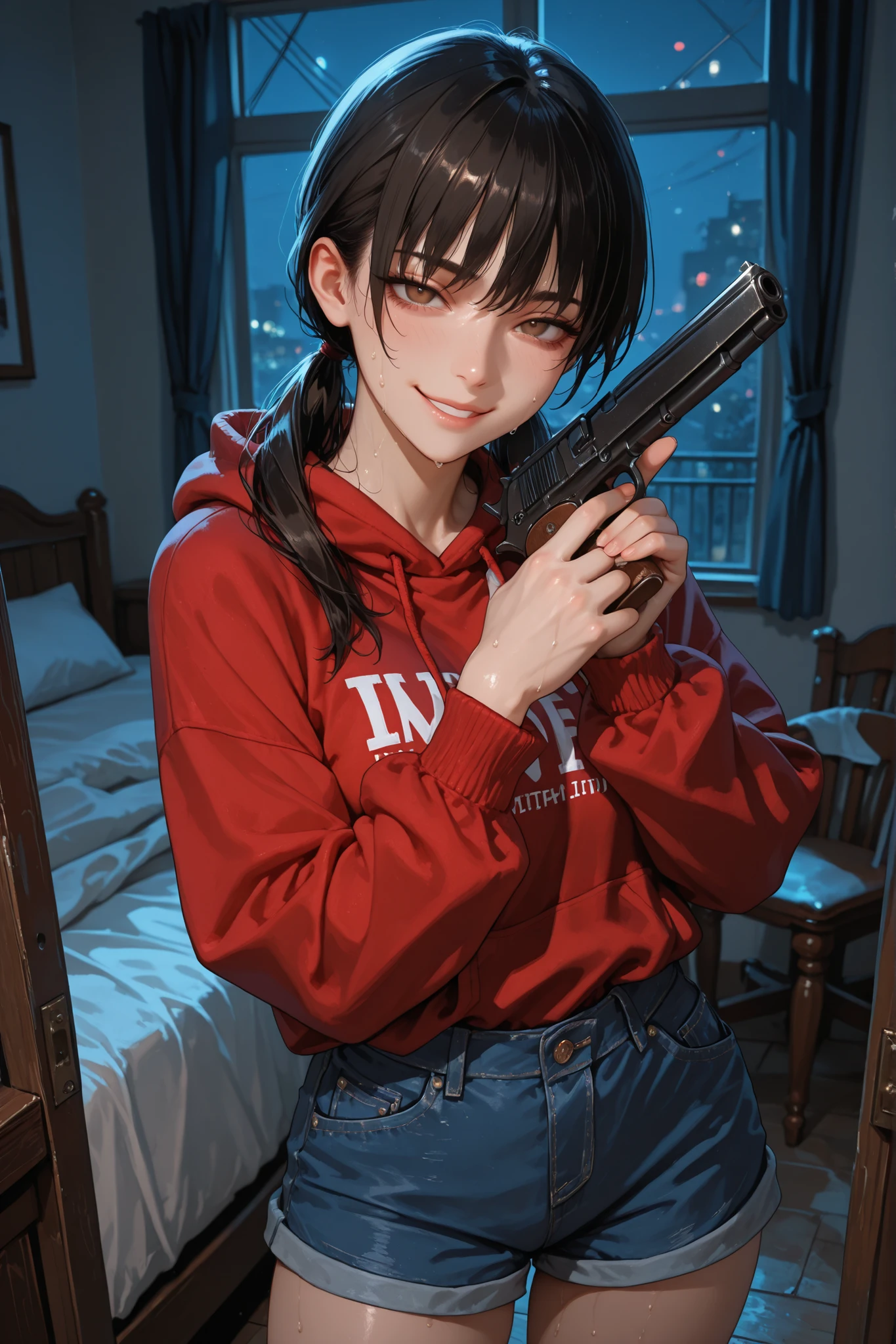masterpiece , Best Quality , photo the cowboy , alone , 1 girl , mitaka asa , long hair , low ponytails , brown eyes , seductive look , ironic smile , sweat , portrait looking at viewer , standing , holding gun , firearm , hand up , red sweater , hood down , Cord , long sleeves , blue shorts , attractive , standing, in bedroom, chair, bed, night, looking at viewer, naughty smile, attractive, seductive, dynamic pose, sexy, beautiful hands, masterpiece, ultra-detailed, very aesthetic