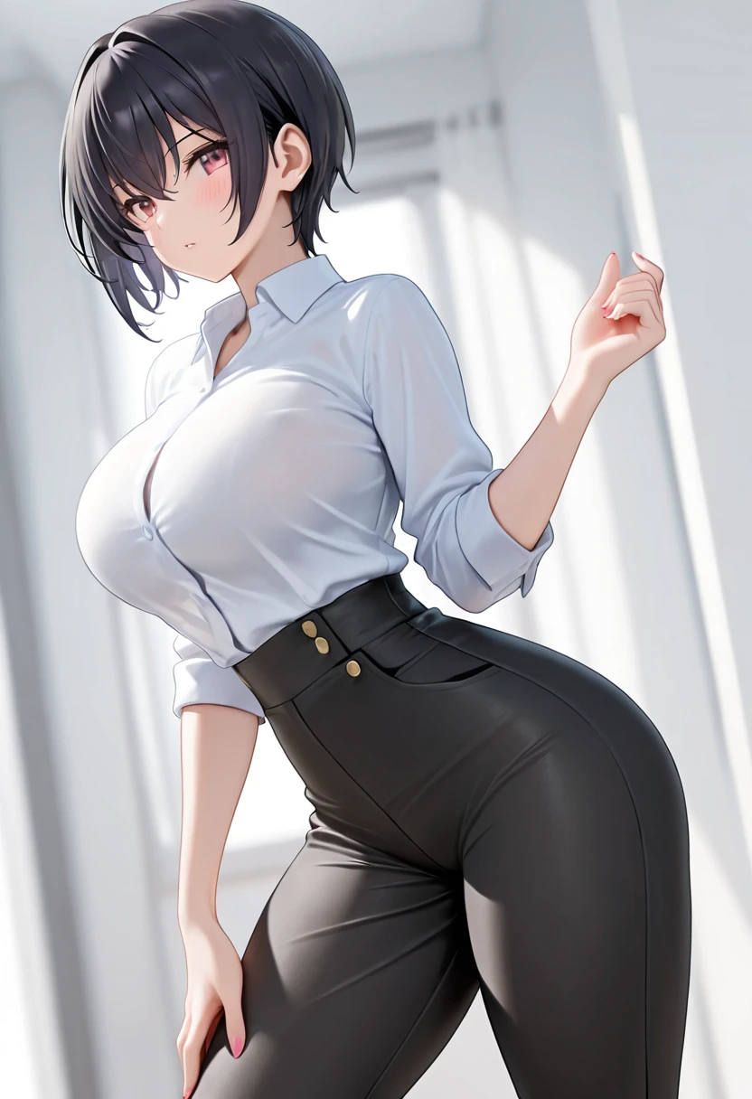 (Perfect hands、Perfect Fingers、Perfect Anatomy)、1 female、Ecstasy face、Detailed eyes、Beautiful short hair、Curly Hair、Very fine and shiny eyes、Fuller lips、This image exudes reality、Capturing the essence of delicate portraits、Digital Art、Photorealistic and highly detailed technology、(Big Breasts:1.5)、(Short skirt:1.6)、(blazer:1.3)、(Bodyline)、(Japanese women)、(Panty shot:1.4)、Emphasized buttocks、(Stick your butt out:1.2)、Glasses、(Angle from behind:1.2)、Black Panties
