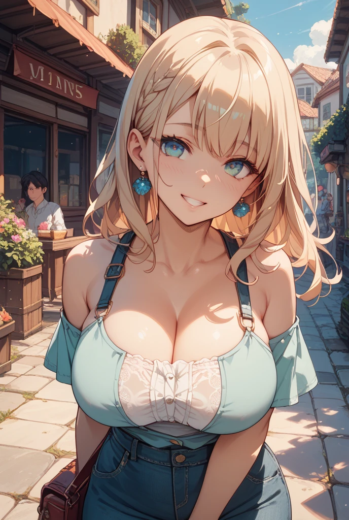 (High quality, High resolution, Fine details), Realistic, (Purple ruffled top), White Denim Pants, main street, solo, Curvy women, Adult hairstyles, Blonde hair, Natural Makeup, Model Pose, Necklace, Earrings, sparkling eyes, (Detailed eyes), smile, blush, Large breasts, Sweat, Oily skin, Shallow depth of field