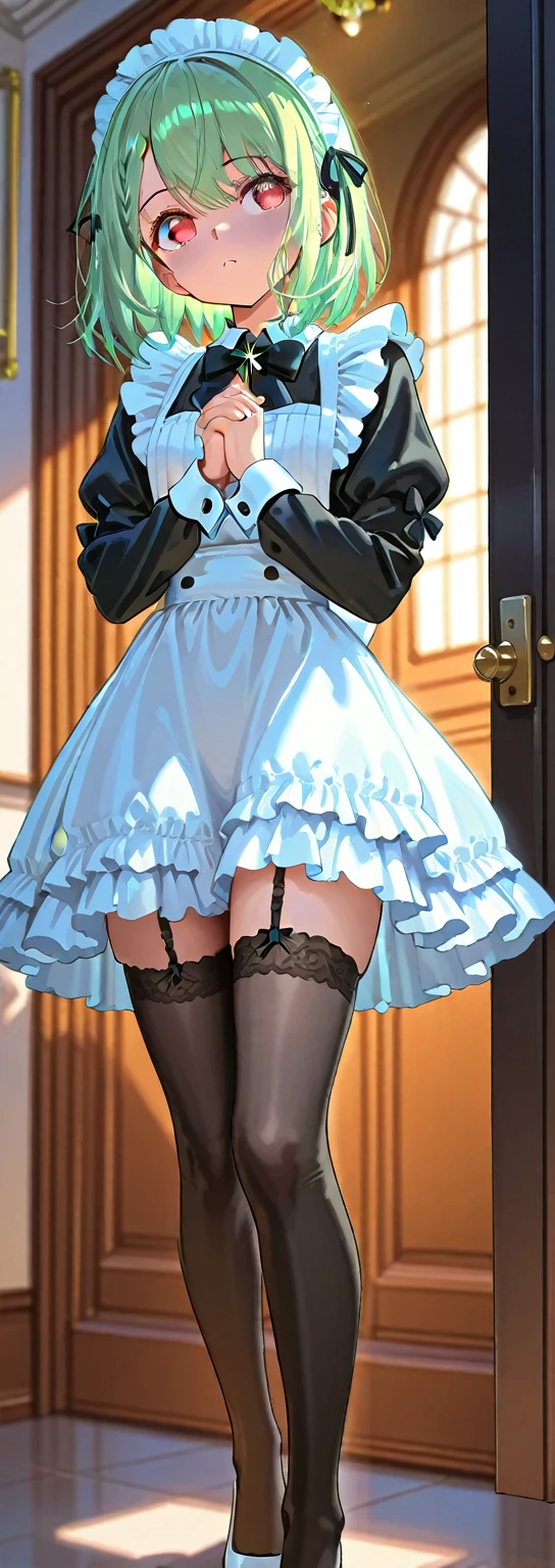 (Masterpiece), (8k size wallpaper), (top quality), Caustics, Detiled、Hyperrealistic Photo、Photorealistic、A beautiful woman in a maid outfit wears glasses、whole body、Lift up your skirt and casually show your panties、garter belt、tights